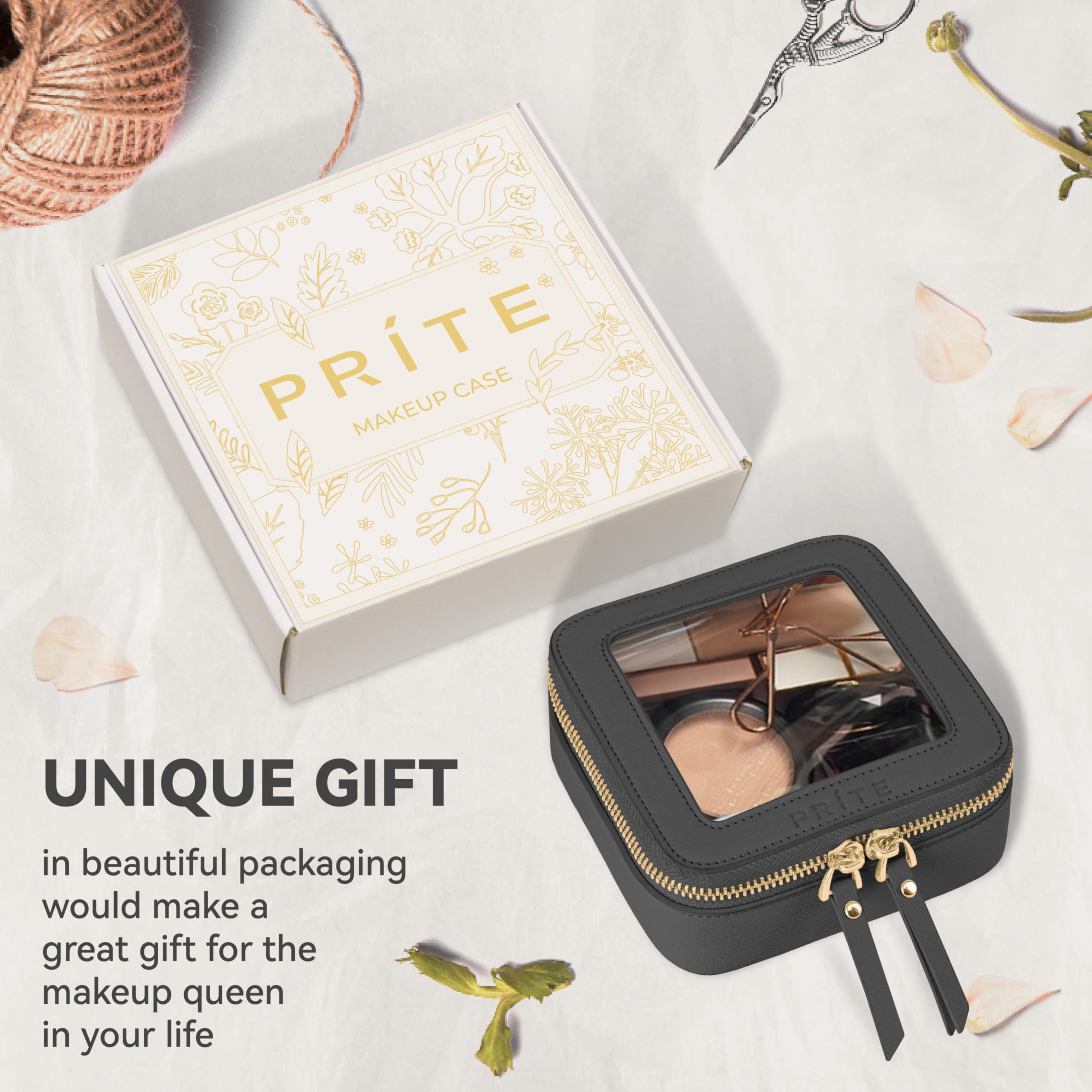 Prite Small Clear Makeup Bag with Gift Box Mini Cosmetic Case Waterproof Travel Toiletry Pouch Car Essentials with Double Zippers (Black)