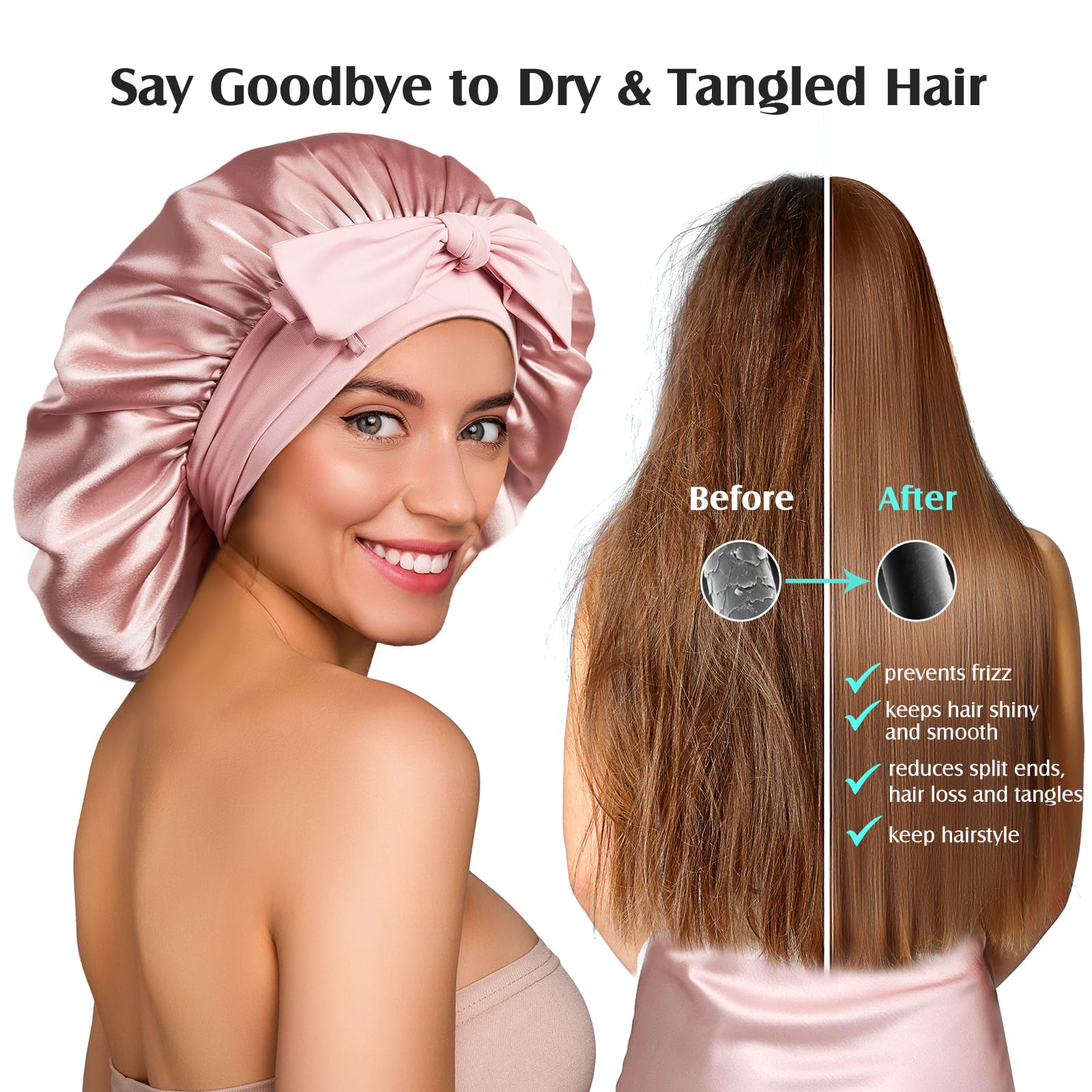Umisleep 100% 22 Momme Mulberry Silk Bonnet for Sleeping Women, Larger Double Layer Silk Hair Wrap for Curly Short Long Hair, Non-Slip Sleep Cap Turban with Elastic Tie Band for Hair Care, Pink