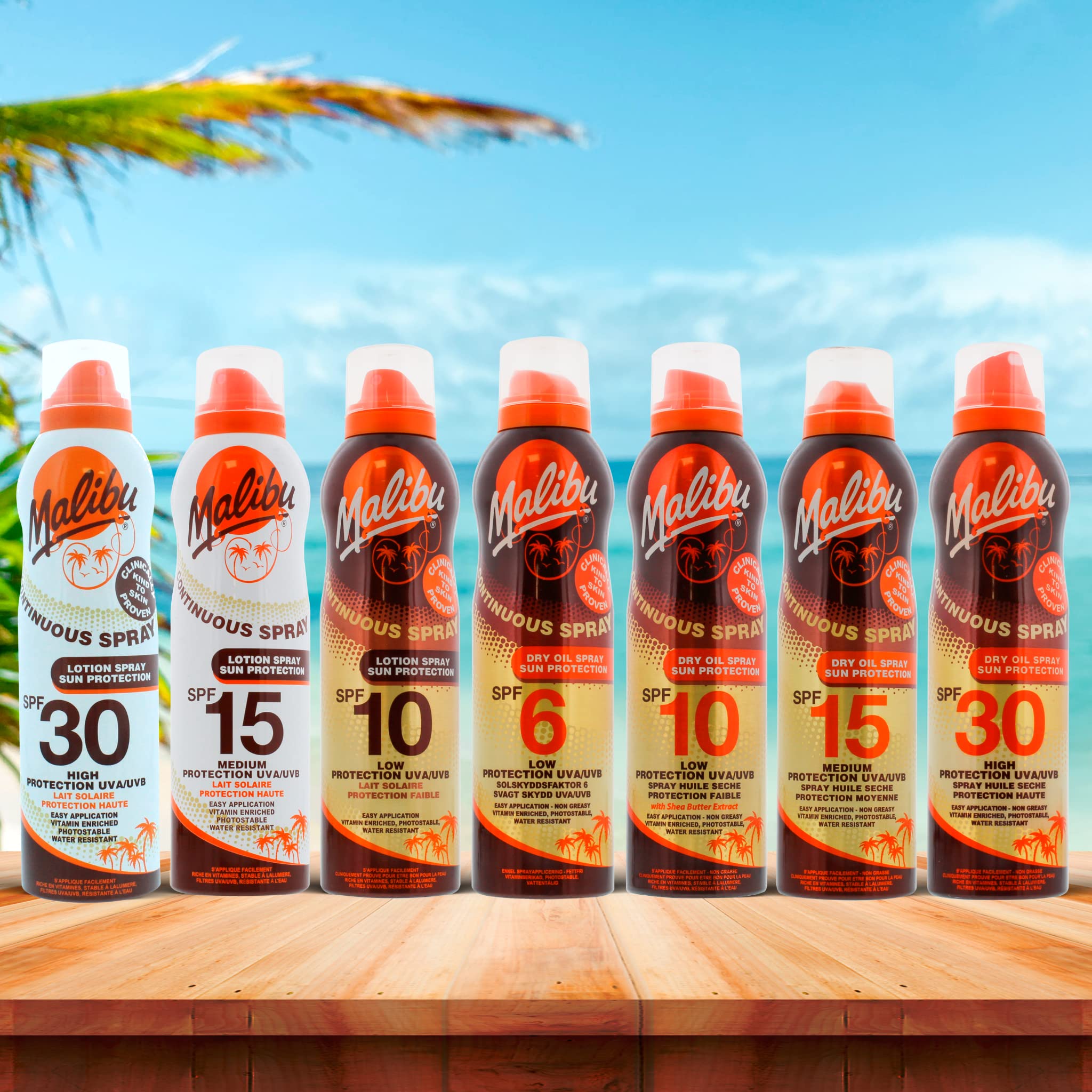 Malibu Sun SPF 6 Continuous Dry Oil Spray for Tanning with Shea Butter Extract, Low Protection, Water Resistant, 175ml