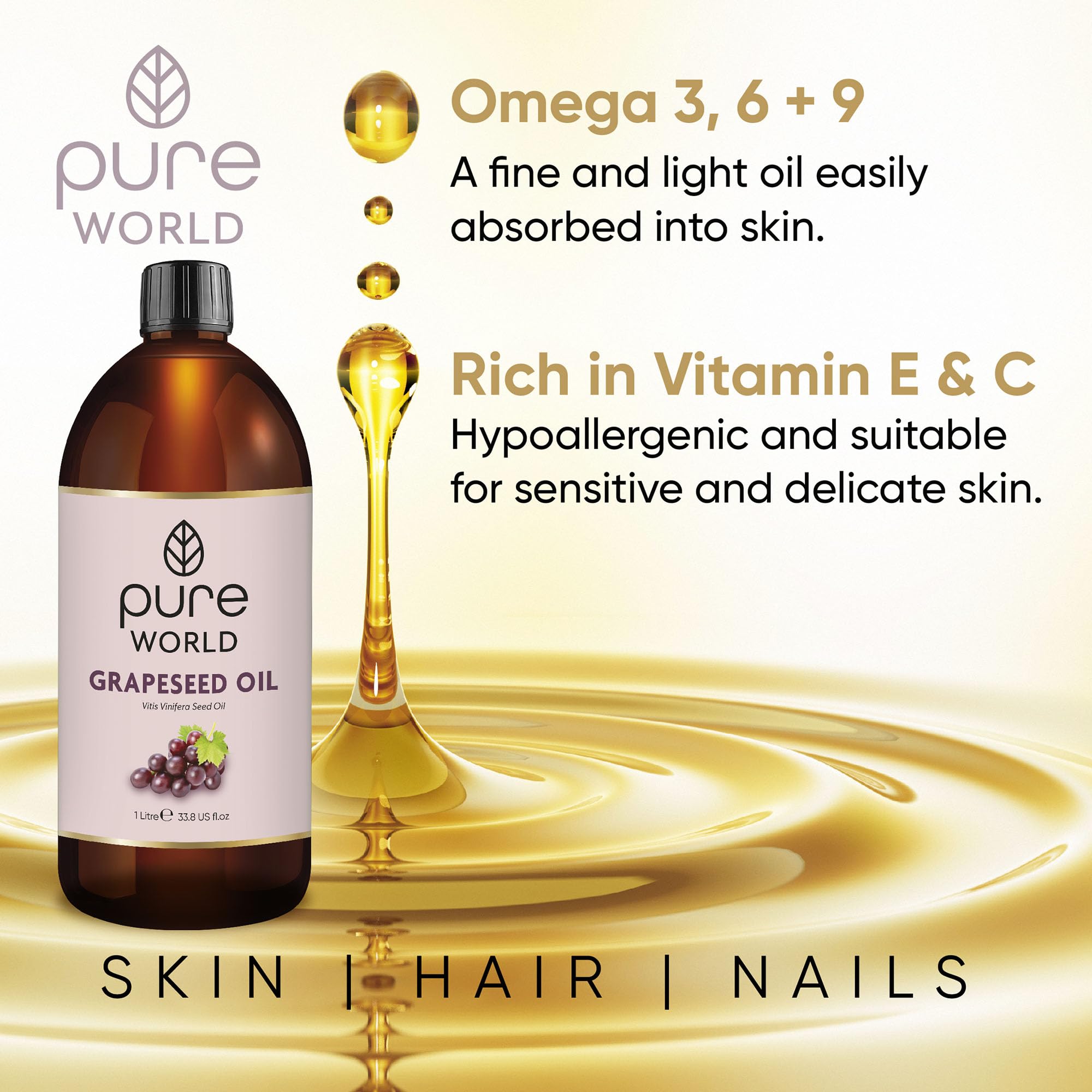 Pure World Natural Grapeseed Oil 100% Pure and Undiluted. 1 Litre Premium Italian Quality Grapeseed Oil