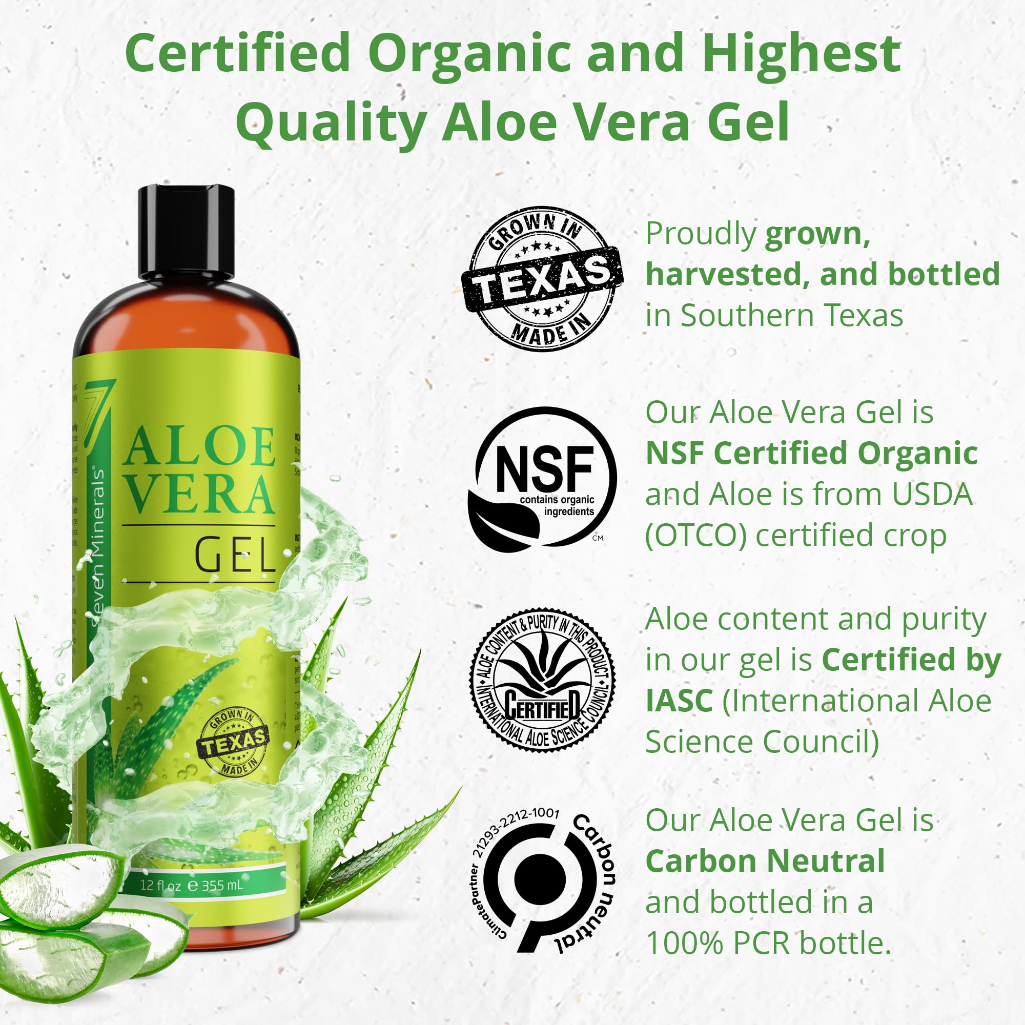 Seven Minerals Organic Aloe Vera Gel with 100% Pure Aloe from Freshly Cut Aloe - NO ACRYLATES & CROSSPOLYMERS, so it absorbs rapidly with No sticky residue - Big 355 ml / 12 fl oz