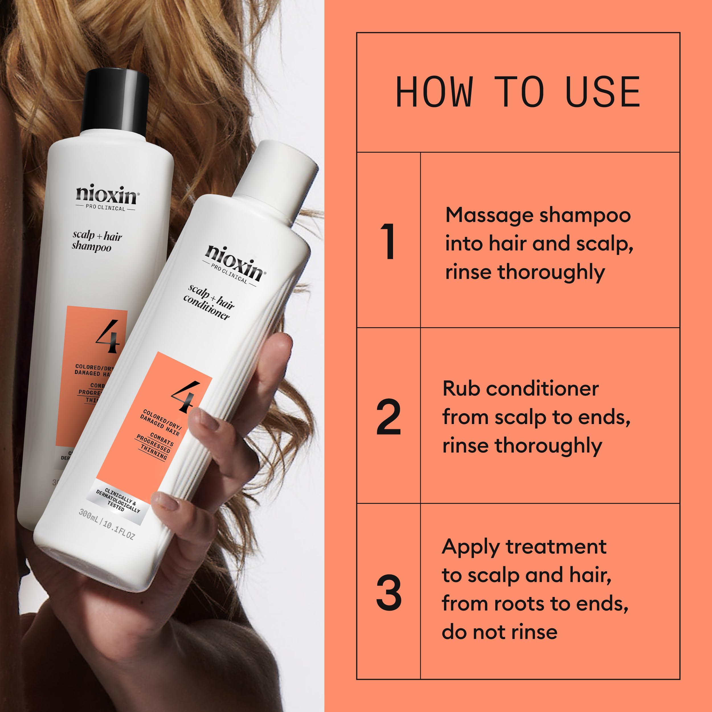 Nioxin Scalp + Hair Thickening System 4 Loyalty Kit - Hair Thickening System for Coloured, Dry and Damaged Hair with Progressed Thinning - Shampoo, Conditioner and Scalp Treatment, 300+300+100ml