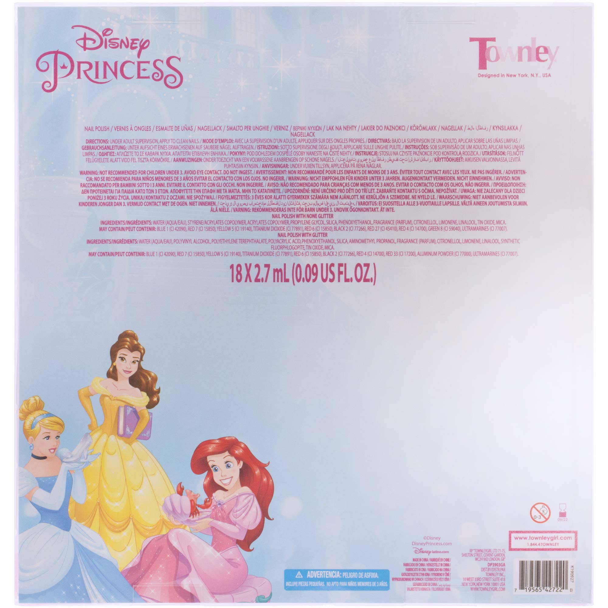 Disney Princess 18 Piece Water-Based Nail Polish Set, Castle Theme, Quick Dry and Peels-Off, Nail Paint Set for Girls, Perfect for Parties, Sleepovers and Makeovers, Ages 3+, By Townley Girl