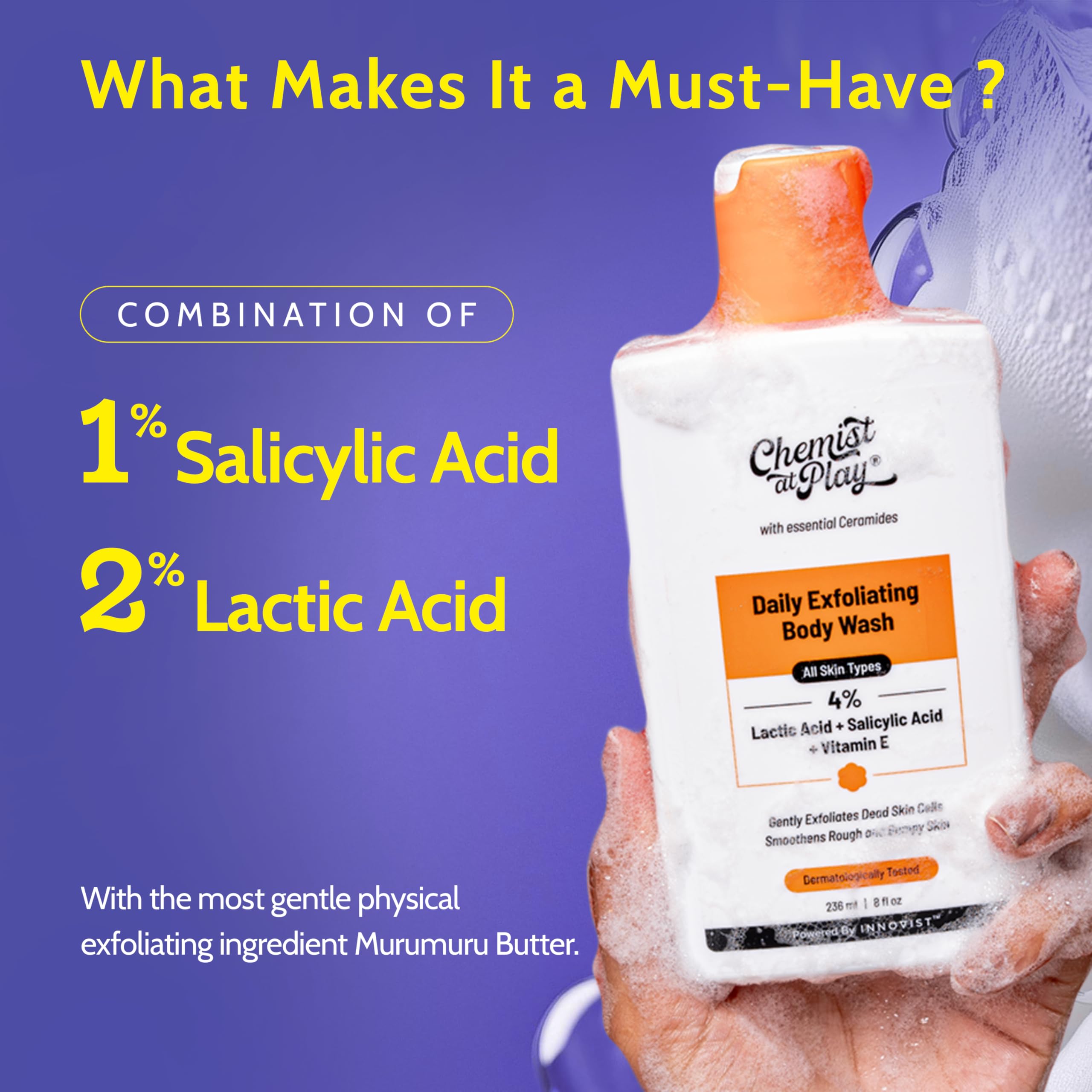 Chemist at Play Body Wash Exfoliating for Dry Rough Bumpy Strawberry Skin with 1% Salicylic Acid 2% Lactic Acid and Ceramides for Men and Women | 236 ml