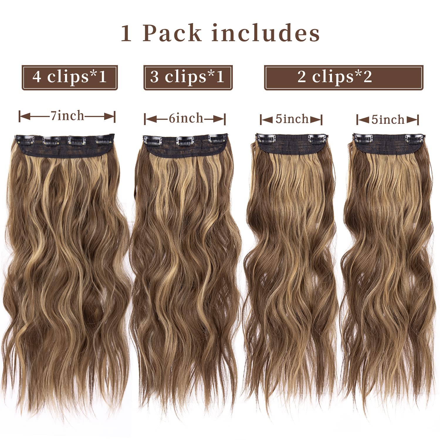 20 Inches Brown Hair Extensions Clip in, Long Wavy Synthetic Clip in Hair Extension, Natural Thick Hairpieces for Women (Medium Brown with Honey Blonde Highlights, 4Pcs)