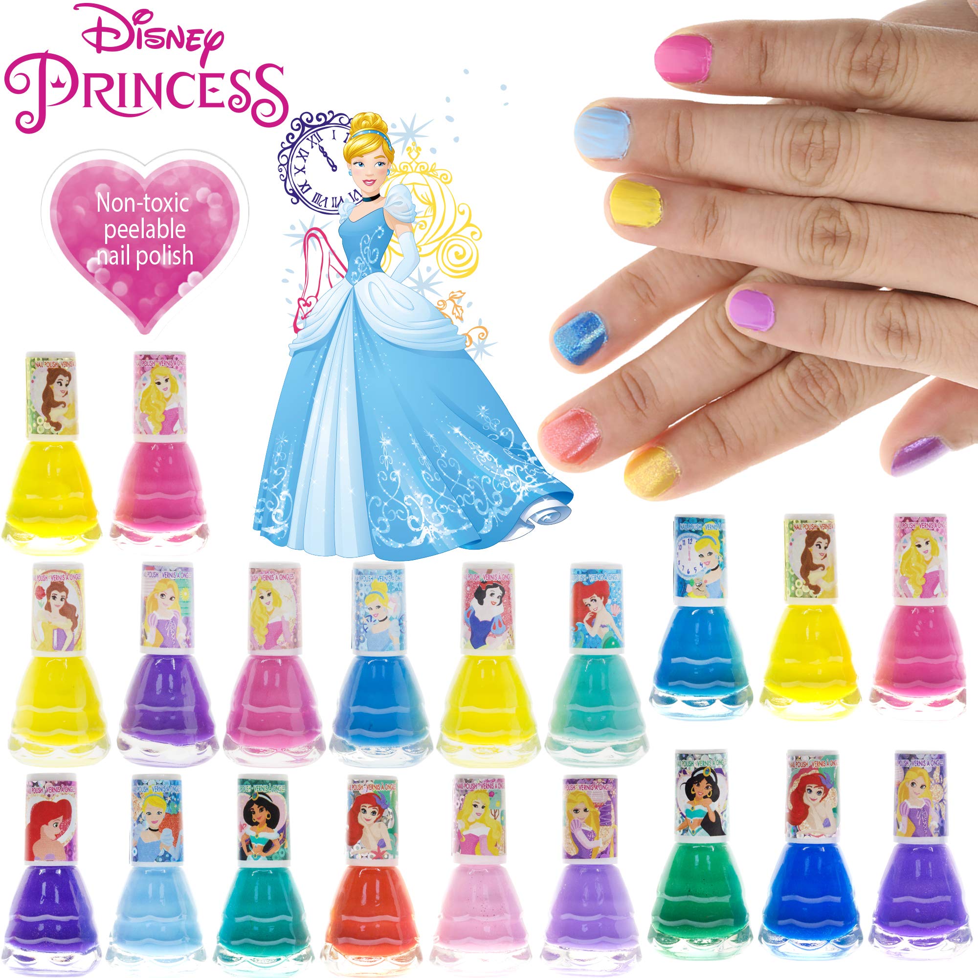 Disney Princess 18 Piece Water-Based Nail Polish Set, Castle Theme, Quick Dry and Peels-Off, Nail Paint Set for Girls, Perfect for Parties, Sleepovers and Makeovers, Ages 3+, By Townley Girl