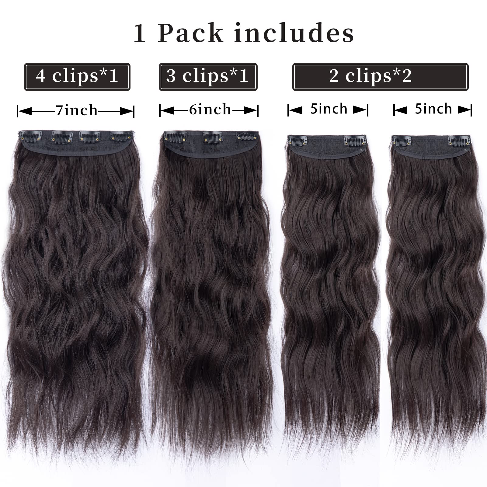 20 Inches Dark Brown Hair Extensions clip in, Synthetic Curly Clip in Hair Extension, Natural Thick Wavy Hairpieces for Women (Color:Dark Brown)