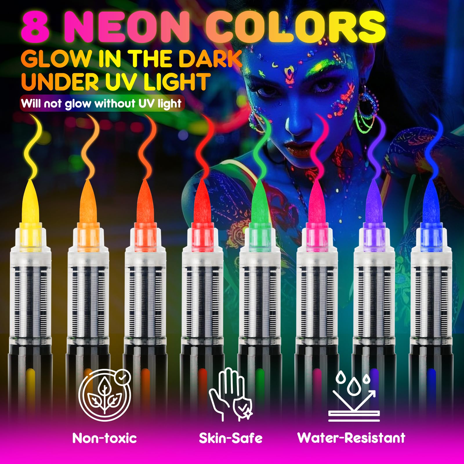 ThEast 8 UV Neon Face Paint Pens, Glow in the Dark Under UV Light Body Painting Kit, Tatto Markers for Skin Washable, Face Makeup for Party Favors