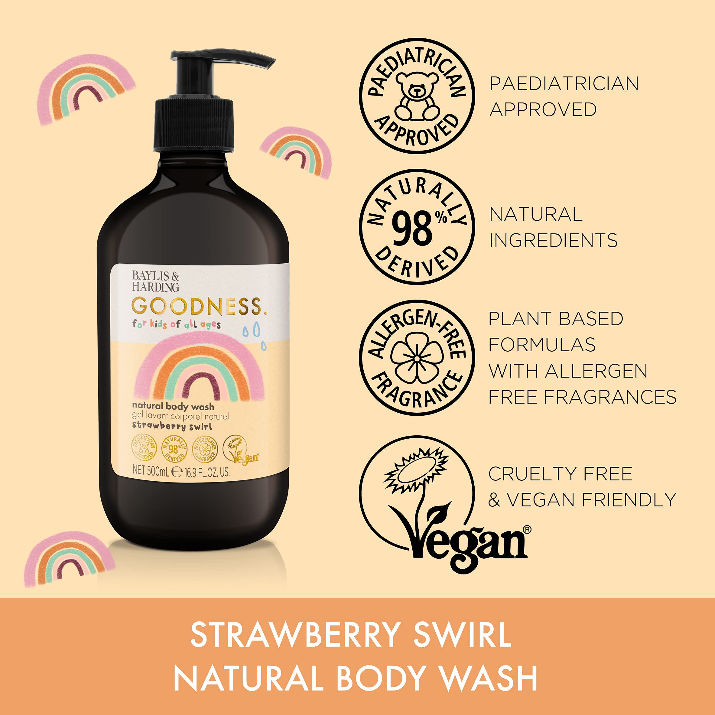 Baylis & Harding Goodness Kids Strawberry Swirl Natural Body Wash, 500 ml (Pack of 3) - Vegan Friendly