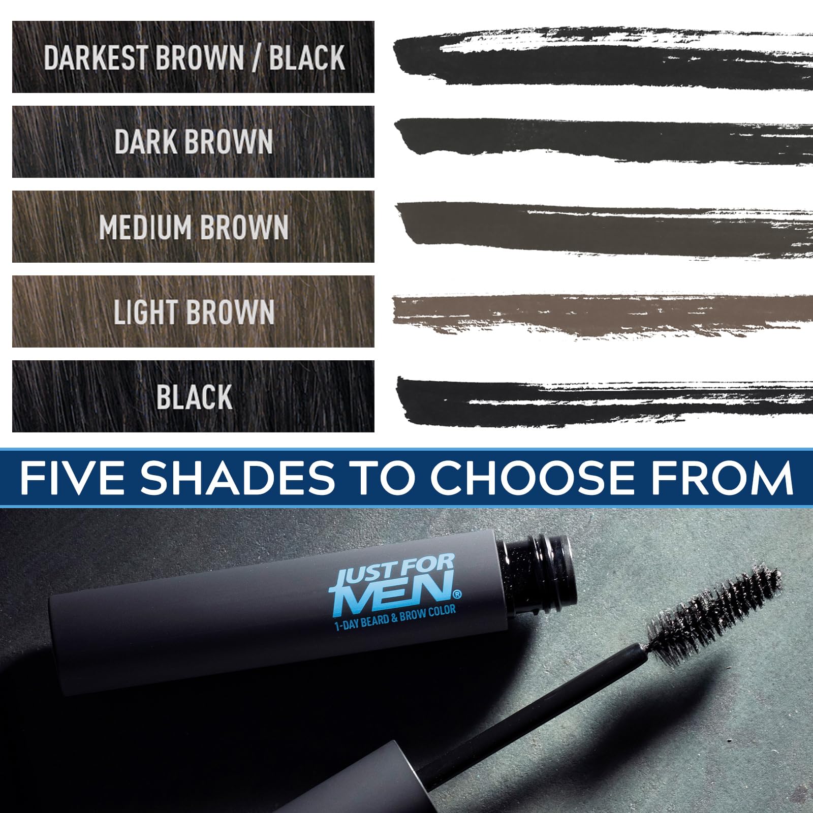 Just For Men 1-Day Beard and Brow Colour Brush, For Instant 1-Step Grey Coverage, Brush-In, Wash-Out, For A Thicker Well-Defined Look, Real Black