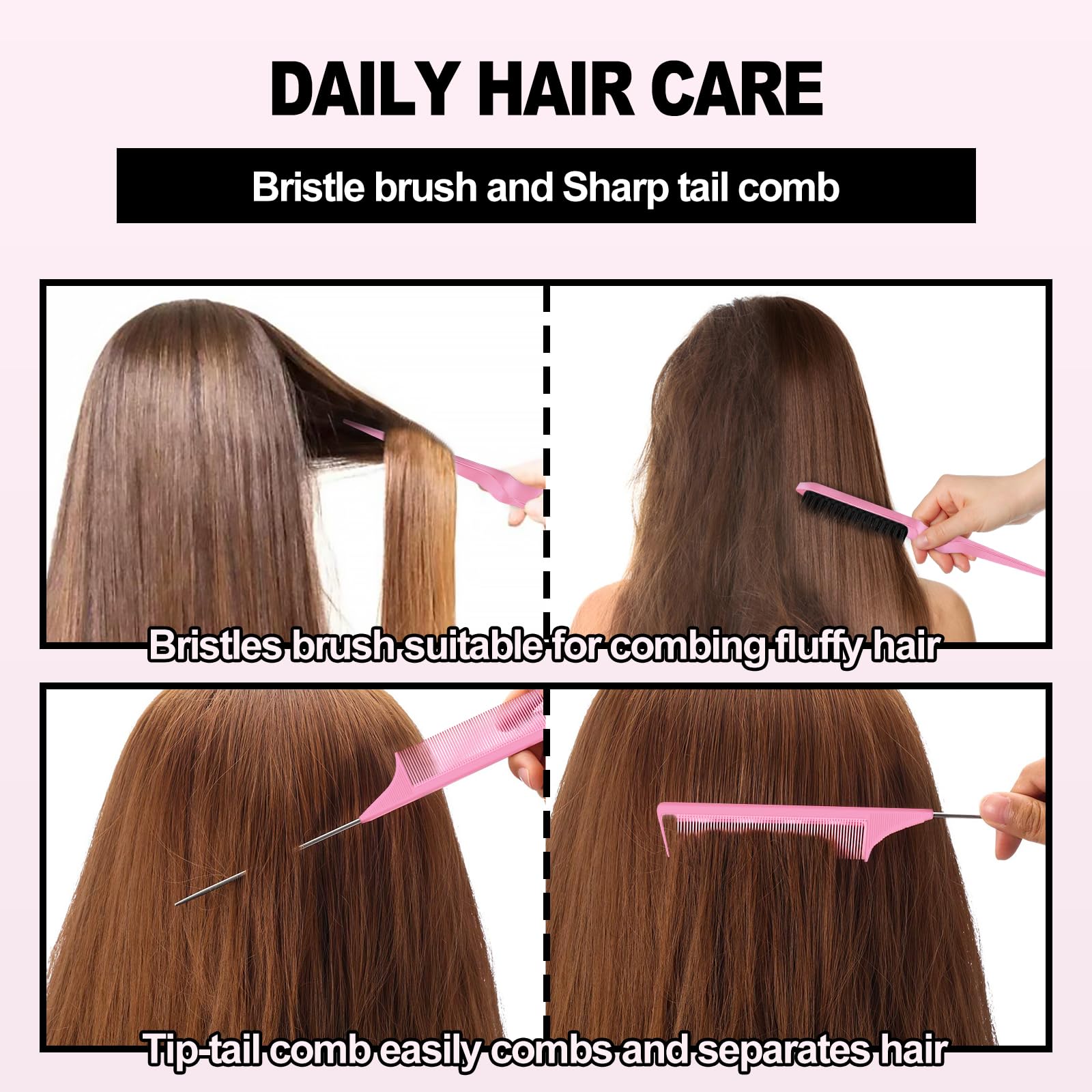 Soodyoow Hair Brush Set with Rat Tail Comb, Double Sided Edges Brush, Bristle Hair Brush for Women Baby Children, Pink