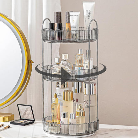 Bingobang Makeup Organiser 360 Rotating, Spinning 3 Tiers Skincare Cosmetic Organizer Acrylic Large, Tidy Storage Shelf for Perfume, Jewelery, Brush, Vanity Desk, Dresser, Bedroom, Bathroom (Grey)