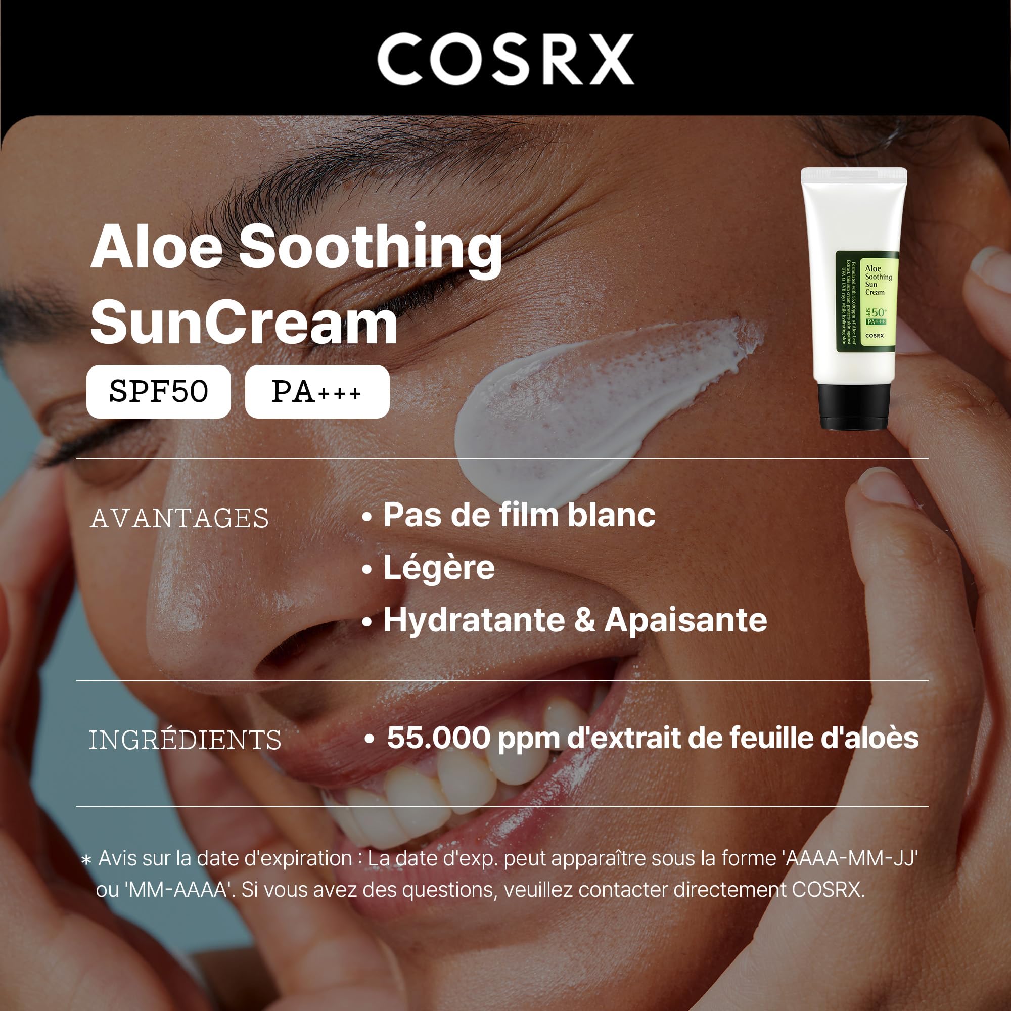 COSRX Aloe Soothing Sun Cream SPF 50+++, Daily Hydrating Sunscreen for Dry Sensitive Skin, UVA&UVB Protection, No White Marks, Sun Moisturiser, Korean Sunscreen, Korean Skincare