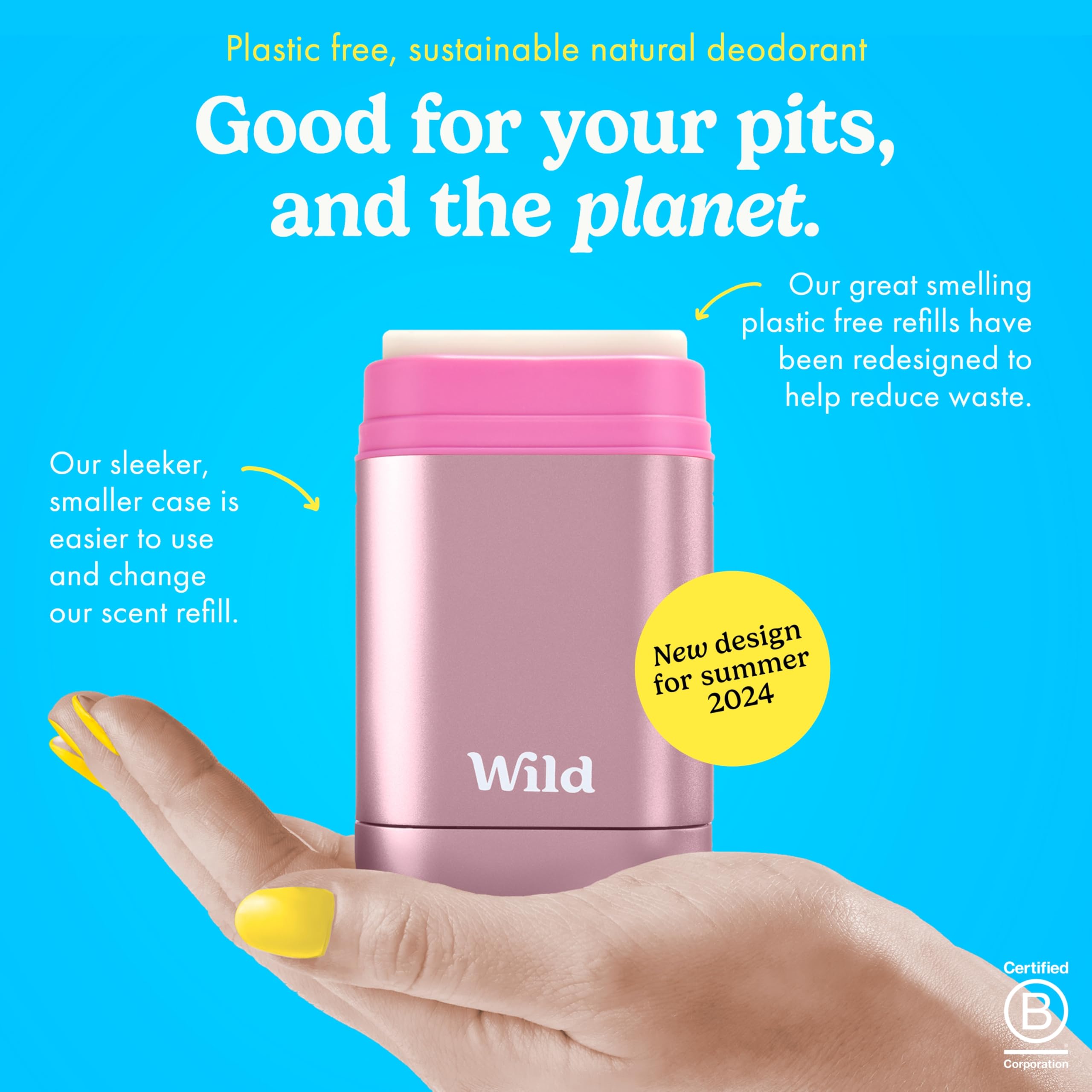 Wild - Natural Refillable Deodorant Starter Kit with Pink Case and Fresh Cotton & Sea Salt Scented Refill (40g) - Aluminium Free - Long Lasting Protection - Vegan