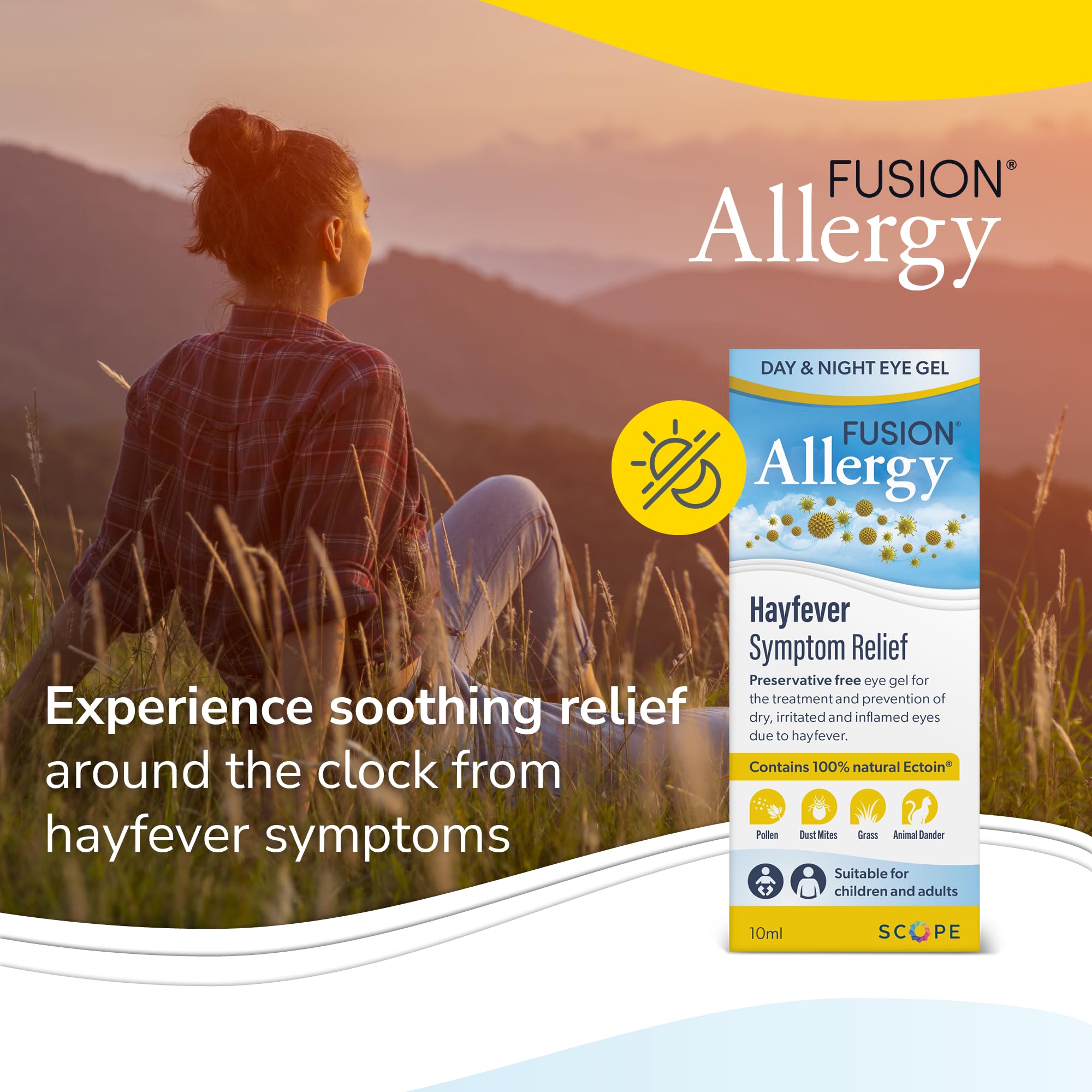 Fusion Allergy Day & Night Eye Gel with 100% Natural Ectoin - Drug Free Around The Clock Treatment and Prevention of Hay Fever Symptoms, Dry, Irritated and Inflamed Eyes (10ml - 220-250 doses)