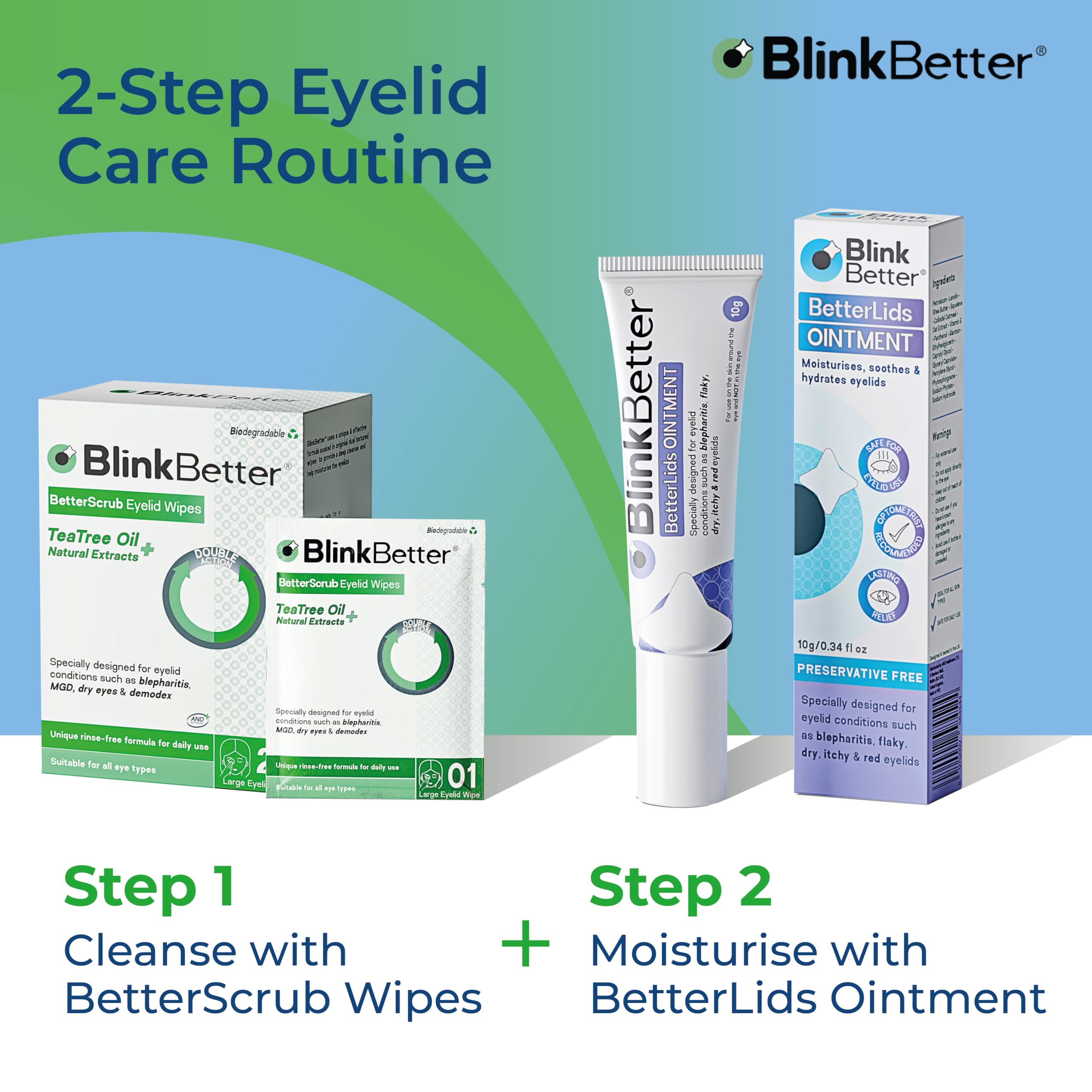 BlinkBetter Tea Tree Oil Eyelid Wipes - 60 x Natural Blepharitis, MGD & Dry Eye Relief Wipes | Cleansing, Soothing, Dual-Textured, Triple Moisture Formula | Biodegradable & Gentle (Pack of 3)