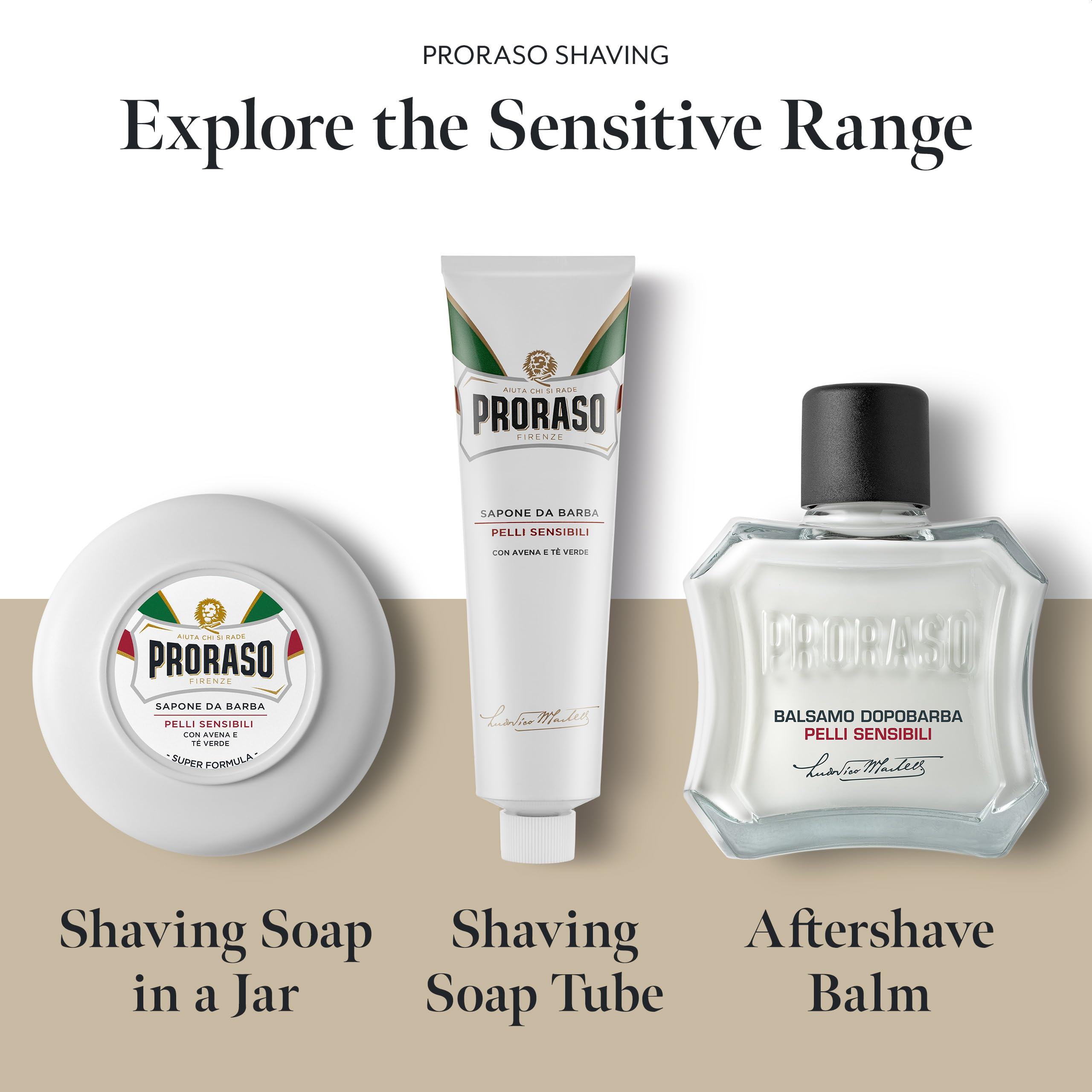 Proraso Shaving Soap in a Bowl, 150ml, Sensitive Skin Shaving Soap with Green Tea and Oat, Made in Italy, White