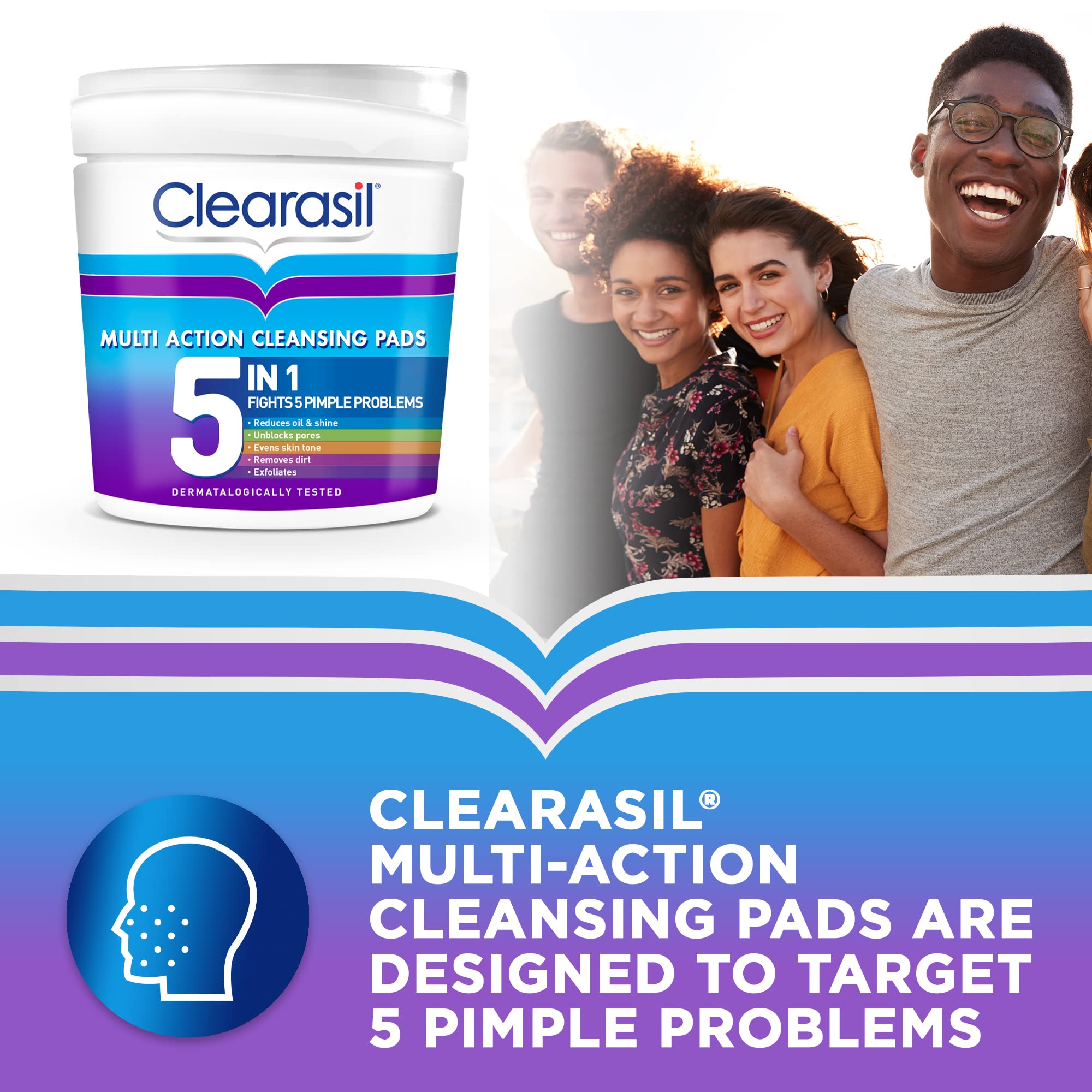 Clearasil 5-In-1 Multi-Action Cleansing Salicylic Acid Pads, Face Exfoliating For Acne Prone Skin, Unblock Pores, Reduces Blackheads, Pimples & Excess Oil, Everyday Spot Prevention, 65 Each x 3
