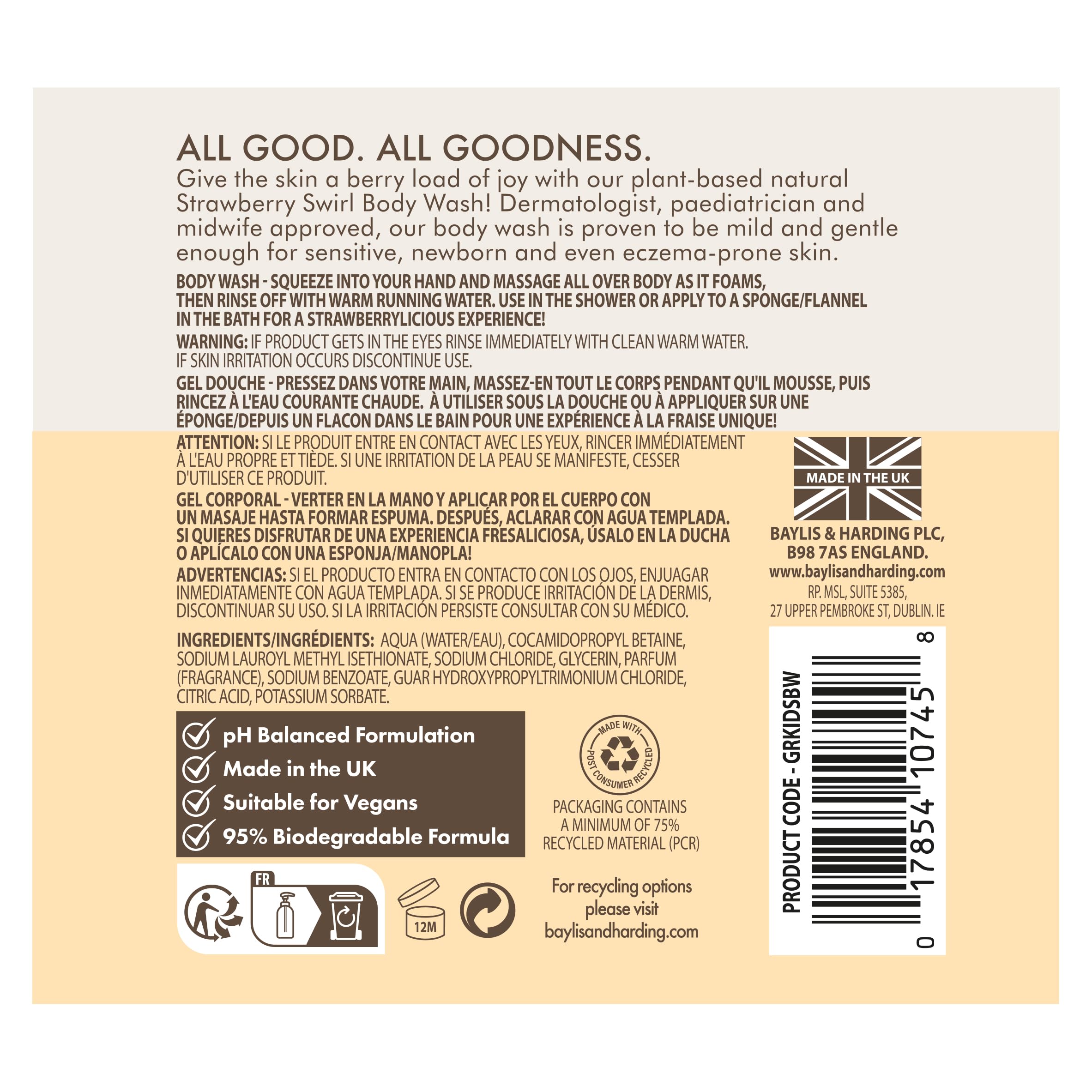 Baylis & Harding Goodness Kids Strawberry Swirl Natural Body Wash, 500 ml (Pack of 3) - Vegan Friendly