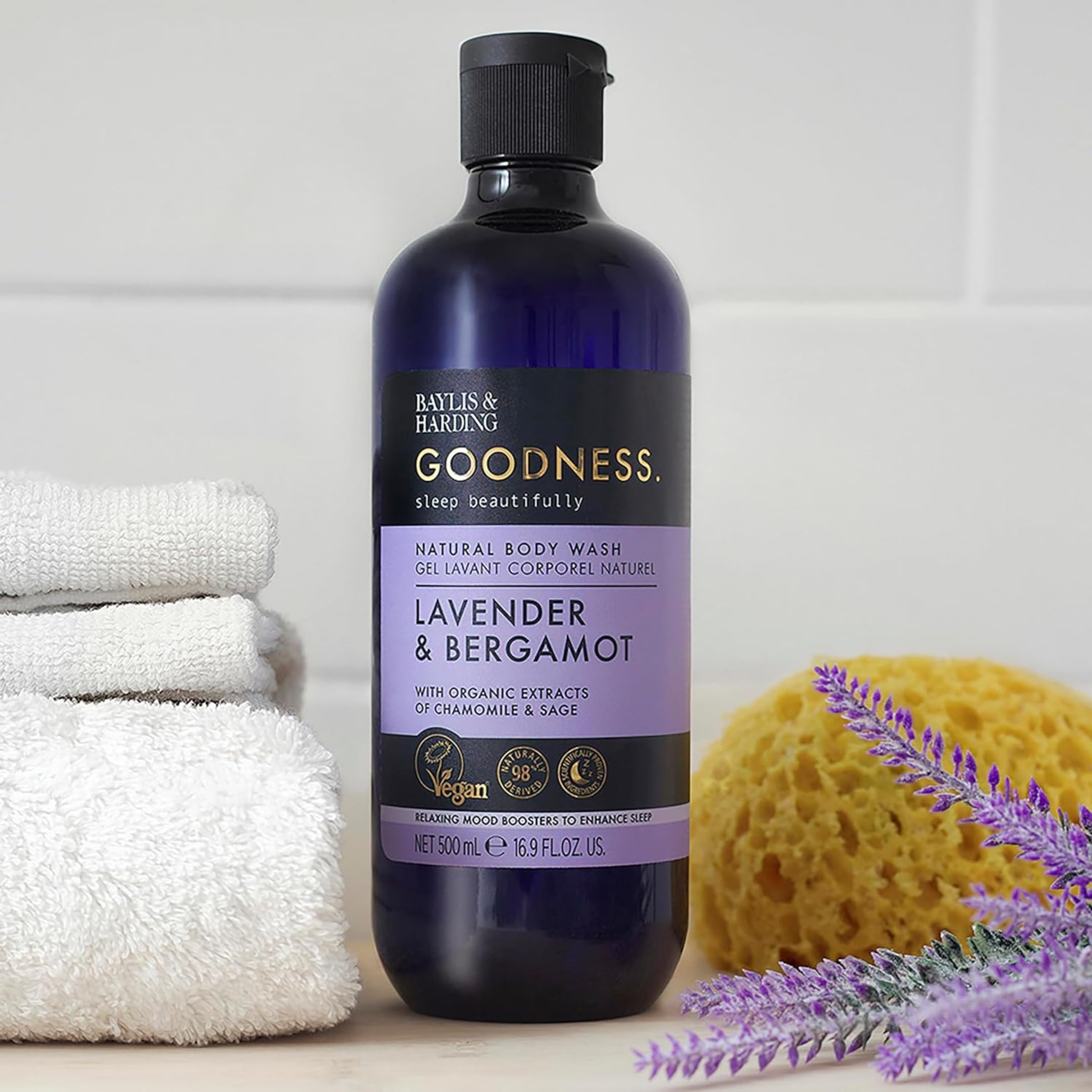 Baylis & Harding Goodness Body Wash | Lavender & Bergamot | Luxury Bath Wash with Relaxing Mood Boosters to Enhance Sleep | Natural Essential Oils, Dermatologist Approved, Vegan | 3 Pack