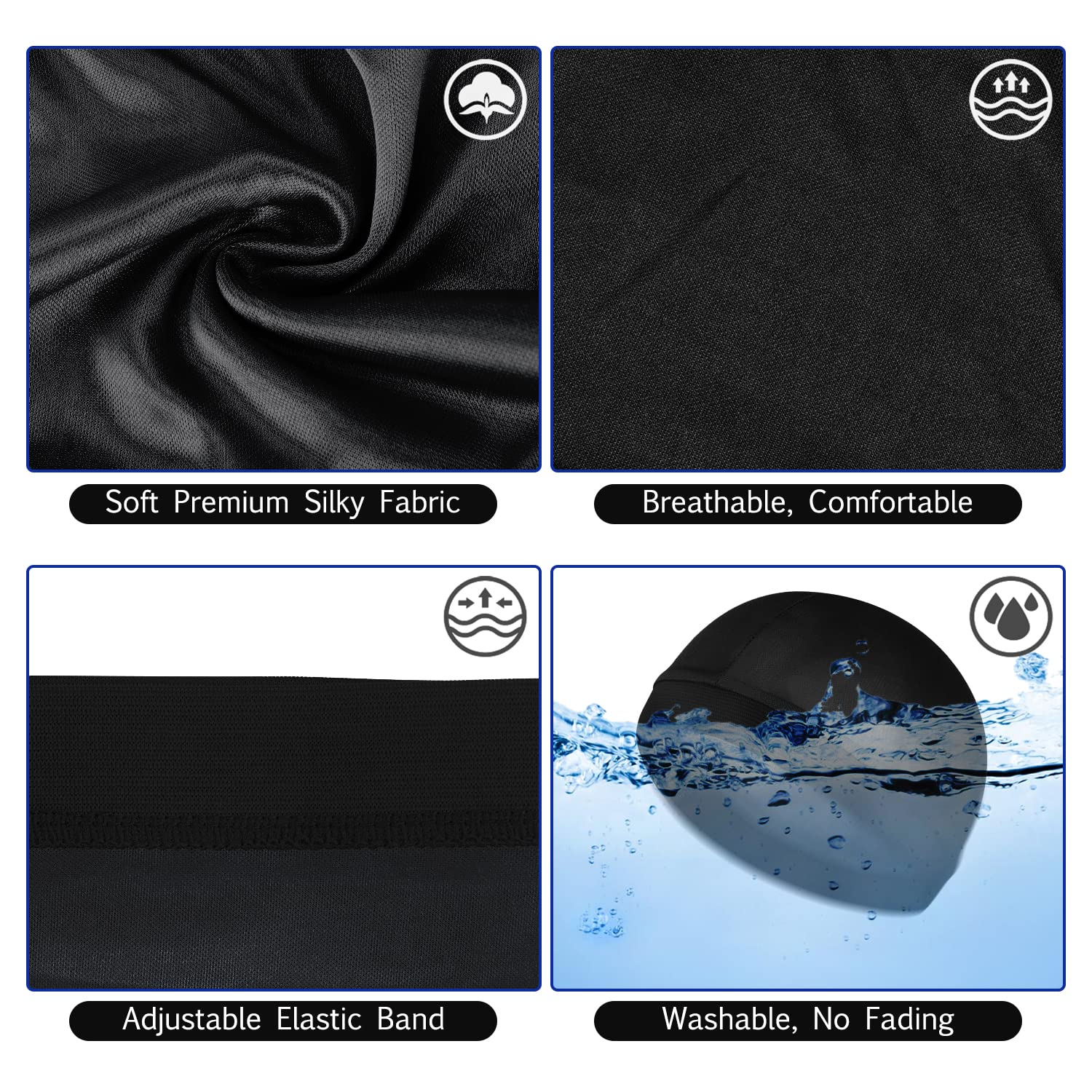 Sibba 3 Pieces Unisex Satin Silky Wave Caps 360 540 720 Wave Elastic Band Silky Durag Headwear Stockings Wig Beanie Cap Soft Breathable Skullies Beanies Cap for Sleeping Shower Black