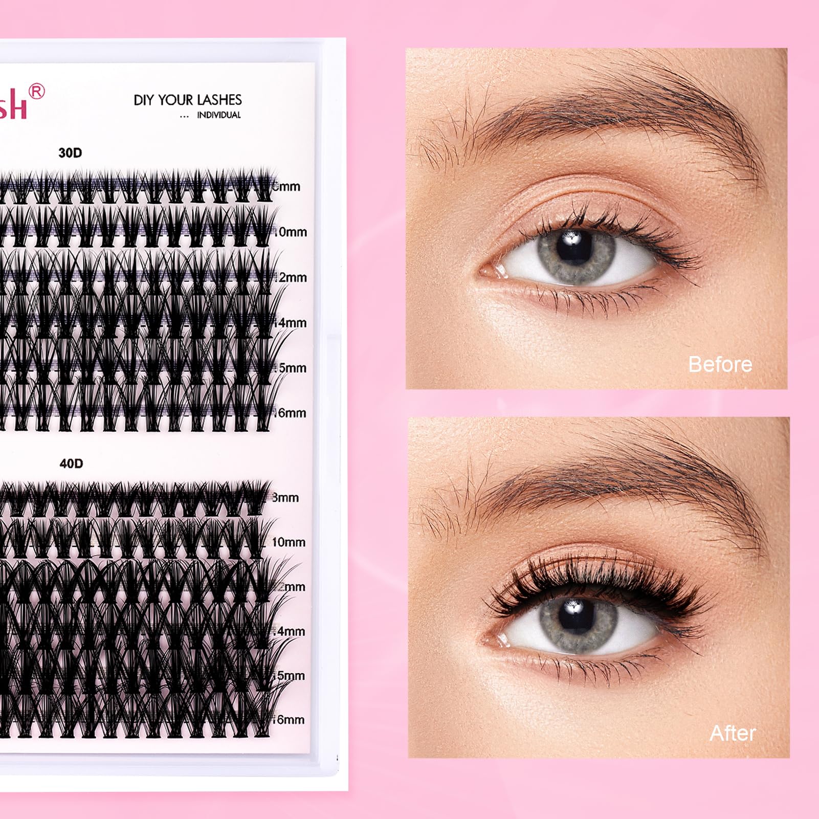 FADLASH DIY Lash Extension Kit Individual Lashes Clusters30P+40P D Curl 8-16mm Lash Bond and Seal, Clusters Lash Glue Remover and Eyelash Tweezers for Eyelash Extensions