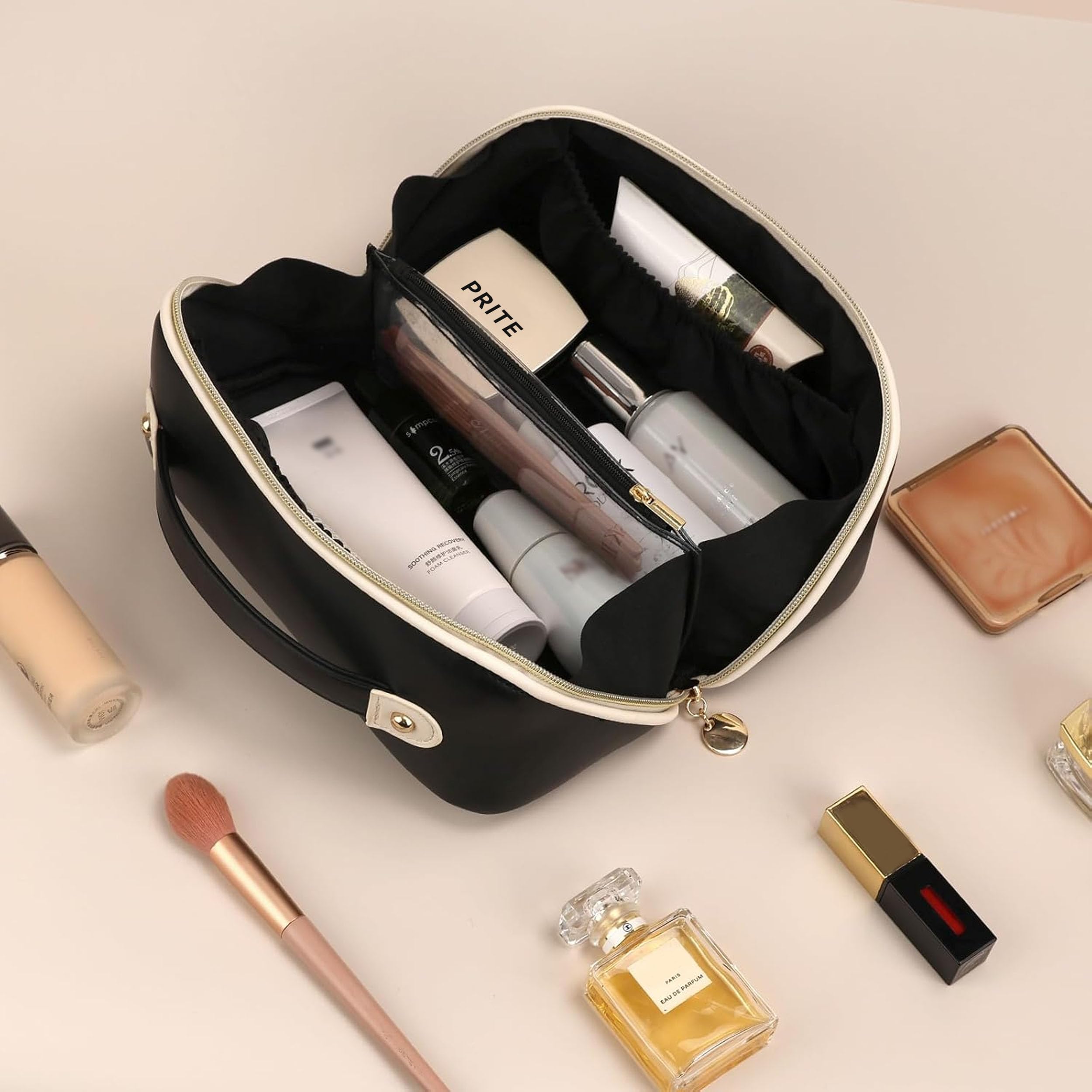 Prite Large Capacity Makeup Bag Portable Travel Cosmetic Bag Waterproof Toiletry Case with Clear Divider and Handle (Black L)