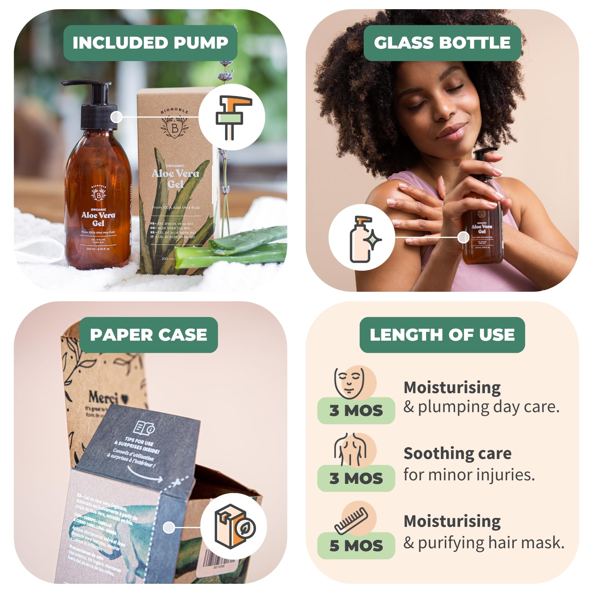 Bionoble Organic Aloe Vera Gel 200ml - Made with 100% Pure Fresh Aloe Pulp and Organic Lavender - Xanthan Free - Face, Eye Contour, Body, Hair - Glass Bottle + Pump