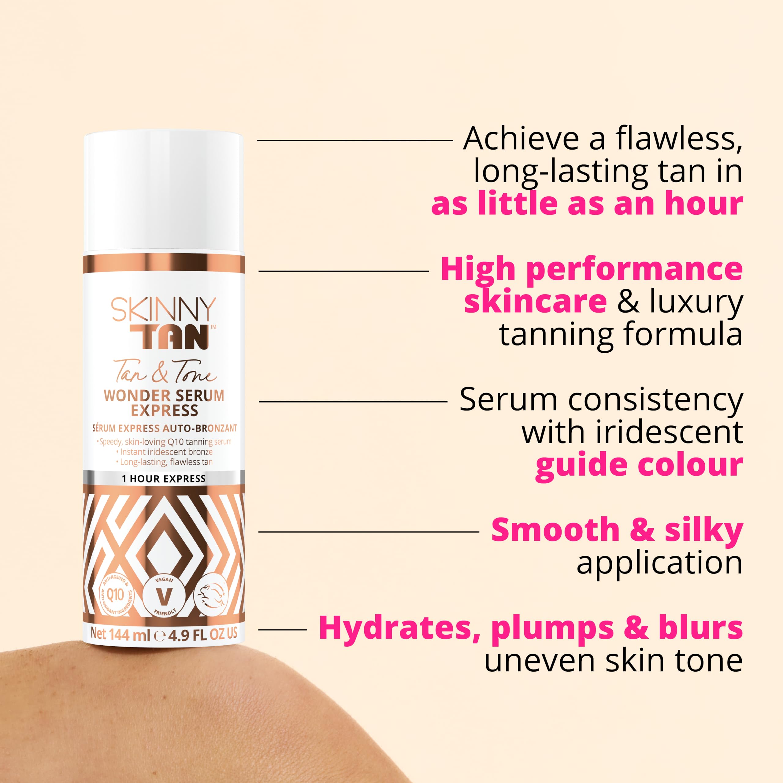 Skinny Tan Tan & Tone Wonder Serum - 1 Hour Express Streak Free Fake Tan, Instant Fake Tan with Youth Boosting Q10 & Vitamin E, Vegan & Cruelty Free Skincare - 144ml