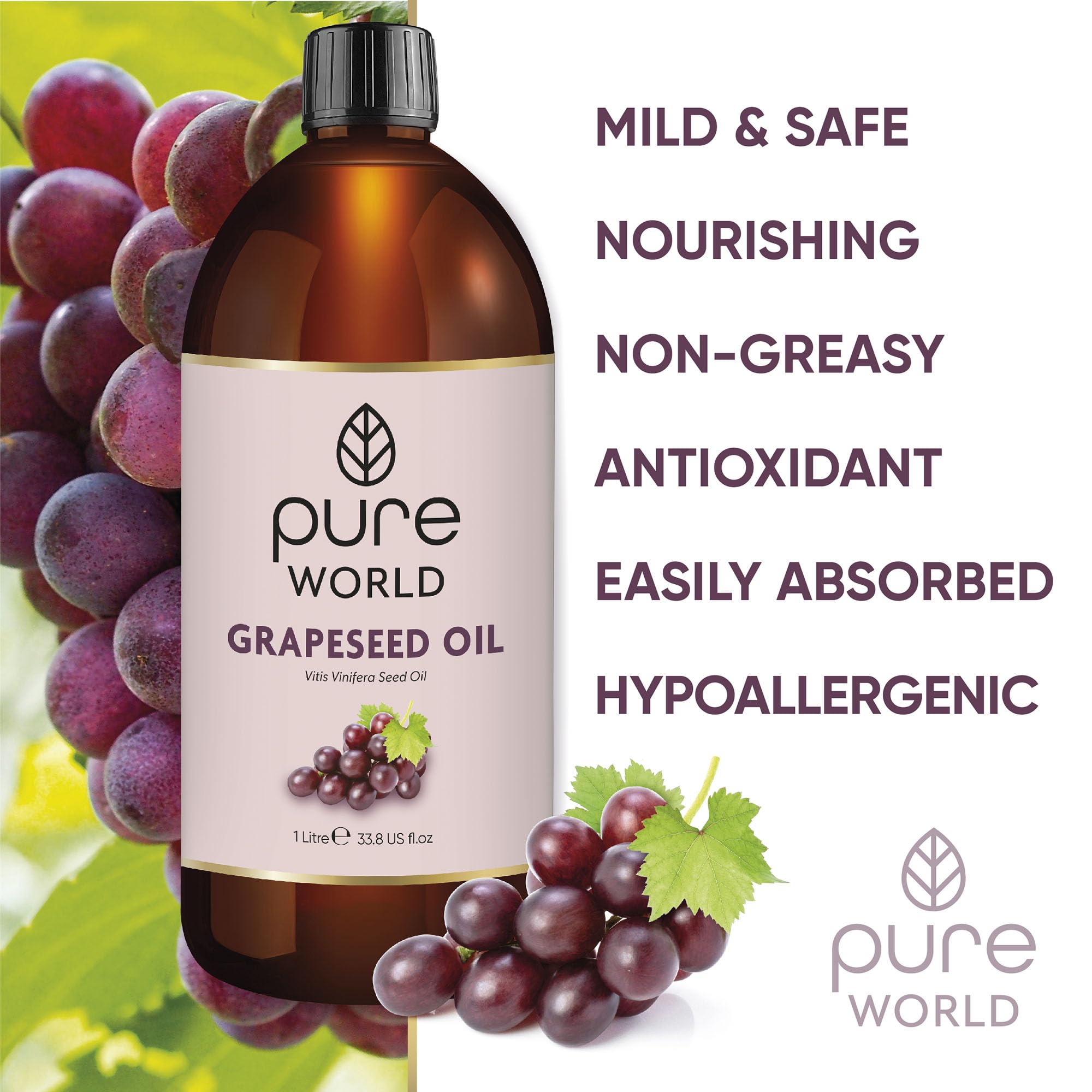 Pure World Natural Grapeseed Oil 100% Pure and Undiluted. 1 Litre Premium Italian Quality Grapeseed Oil