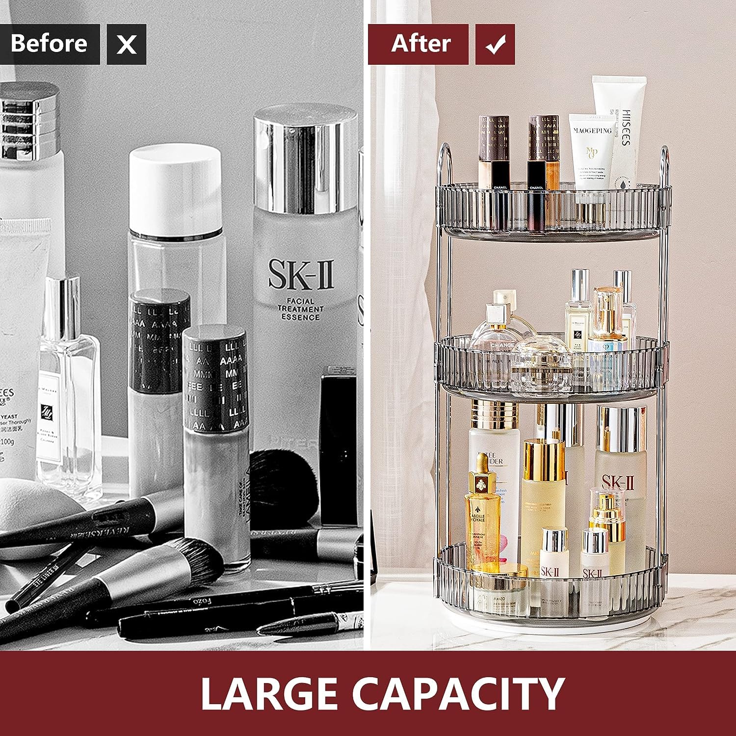 Bingobang Makeup Organiser 360 Rotating, Spinning 3 Tiers Skincare Cosmetic Organizer Acrylic Large, Tidy Storage Shelf for Perfume, Jewelery, Brush, Vanity Desk, Dresser, Bedroom, Bathroom (Grey)