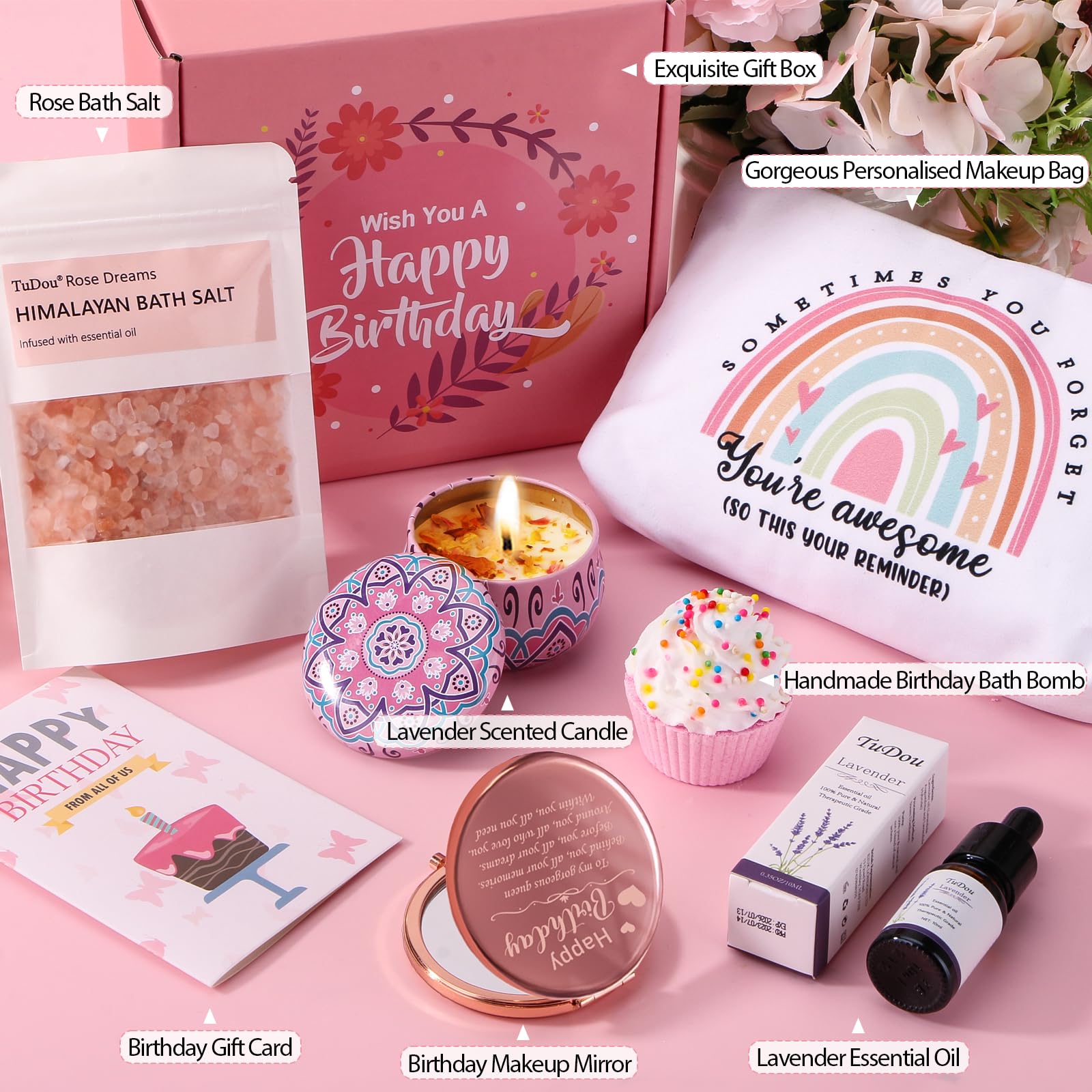 Birthday Pamper Gifts for Women, Happy Birthday Hampers Gift Box for Her, Female Relaxation Self Care Package Birthday Presents for Women Best Friends, Mum, Sister, Auntie, Birthday Basket Gift Ideas
