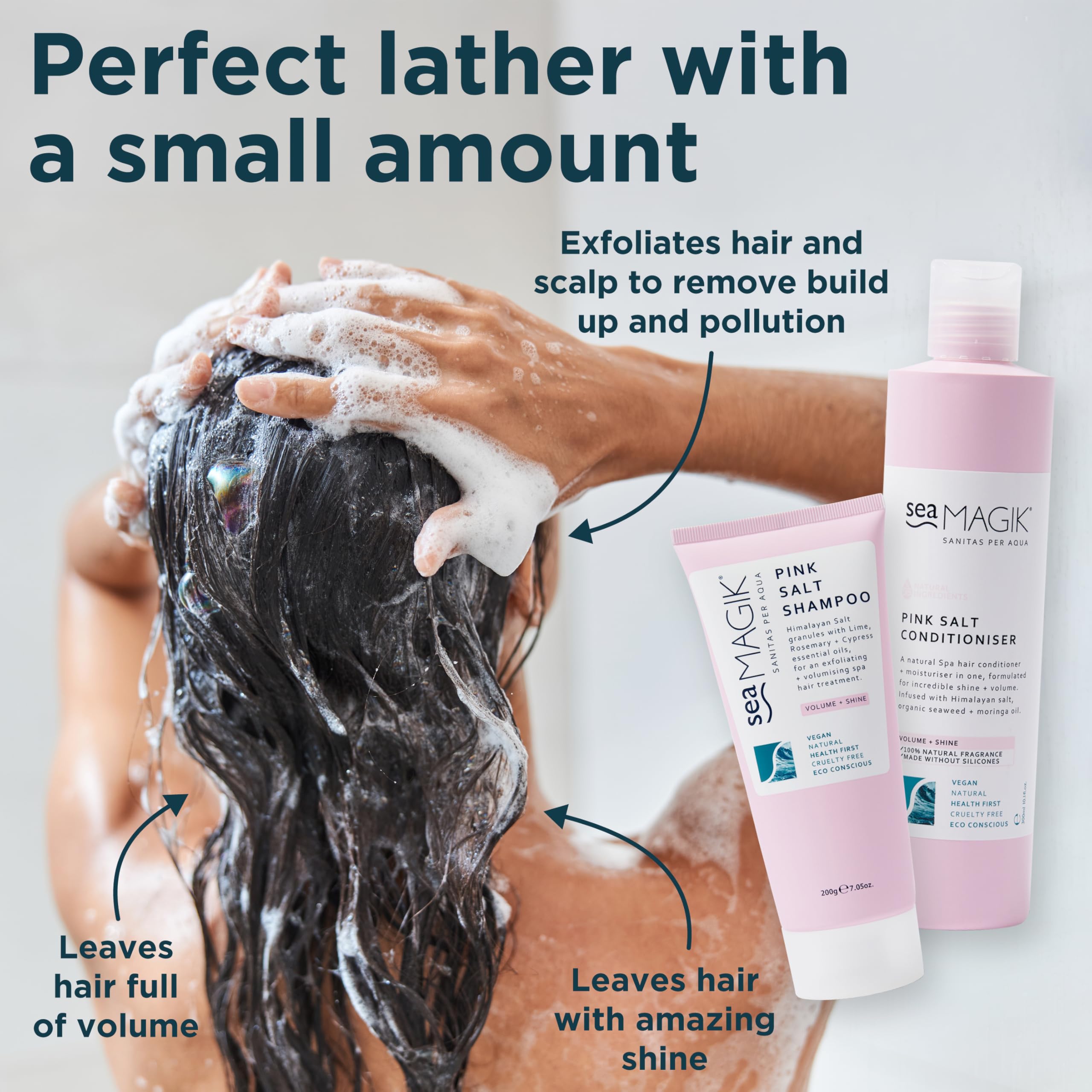 Sea Magik - Natural Silicone Free Shampoo and Conditioner, Exfoliating Pink Salt Granules, Professional SPA Hair and Scalp Treatment with Fragrance, Deep Cleansing, Vegan, Cruelty Free (200g + 300ml)…