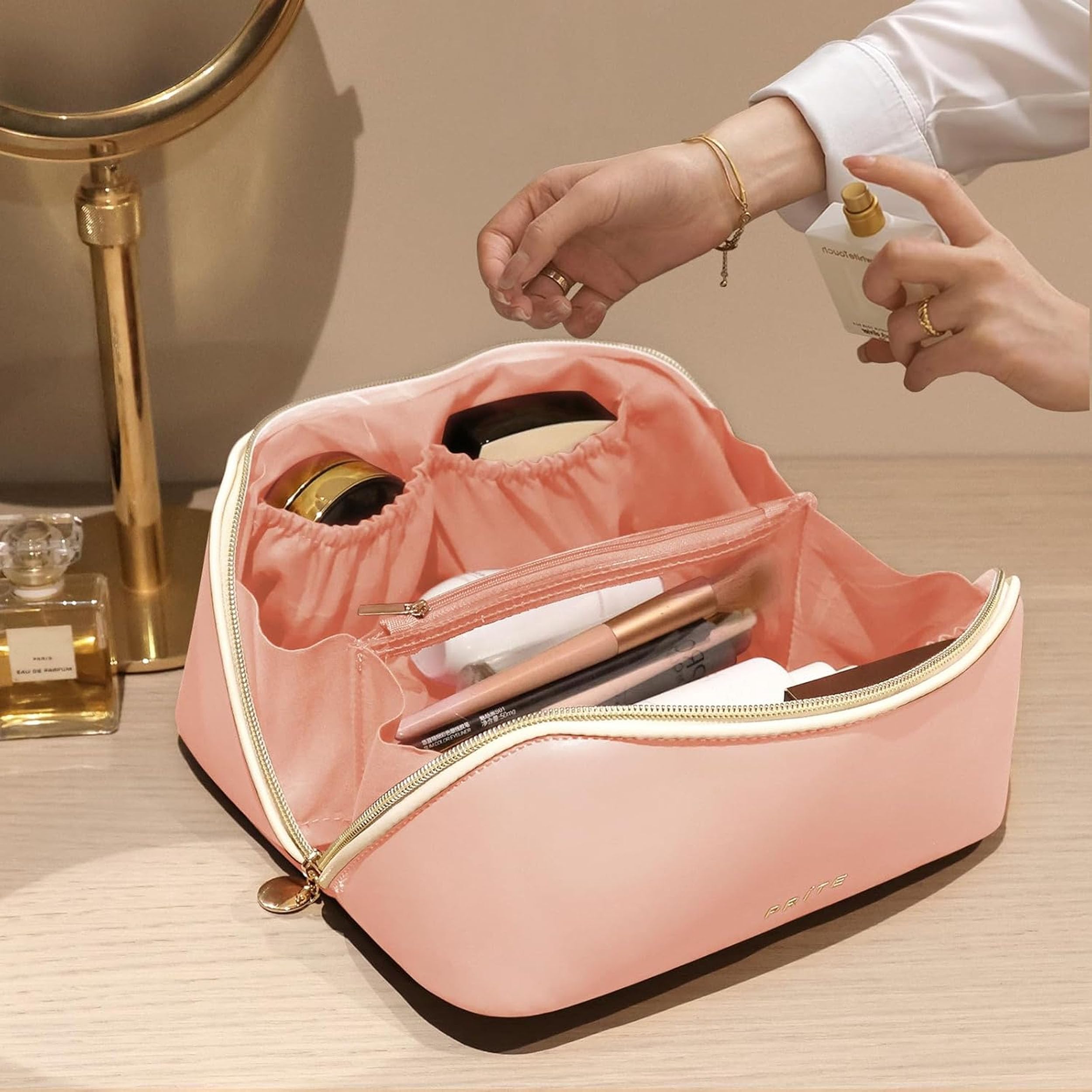 Prite Large Capacity Makeup Bag Portable Travel Cosmetic Bag Waterproof Toiletry Case with Clear Divider and Handle (Pink)
