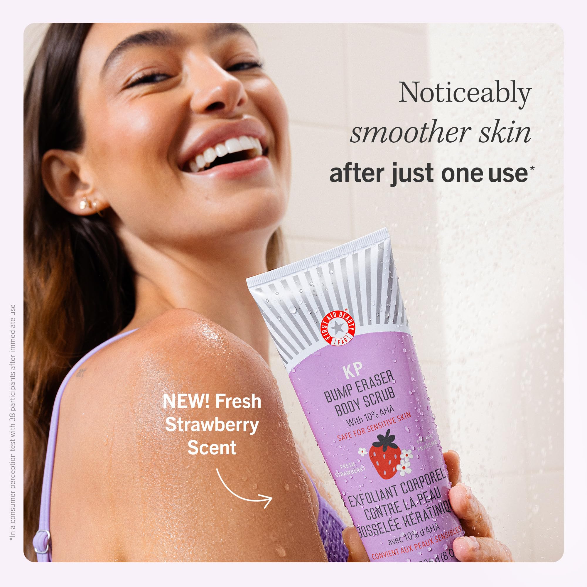 First Aid Beauty - KP Bump Eraser Body Scrub with 10% AHA, Keratosis Pilaris Exfoliater with Glycolic and Lactic acids, Helps Reduce Chicken Skin Bumps, Safe for Sensitive Skin, Strawberry Scent, 226g
