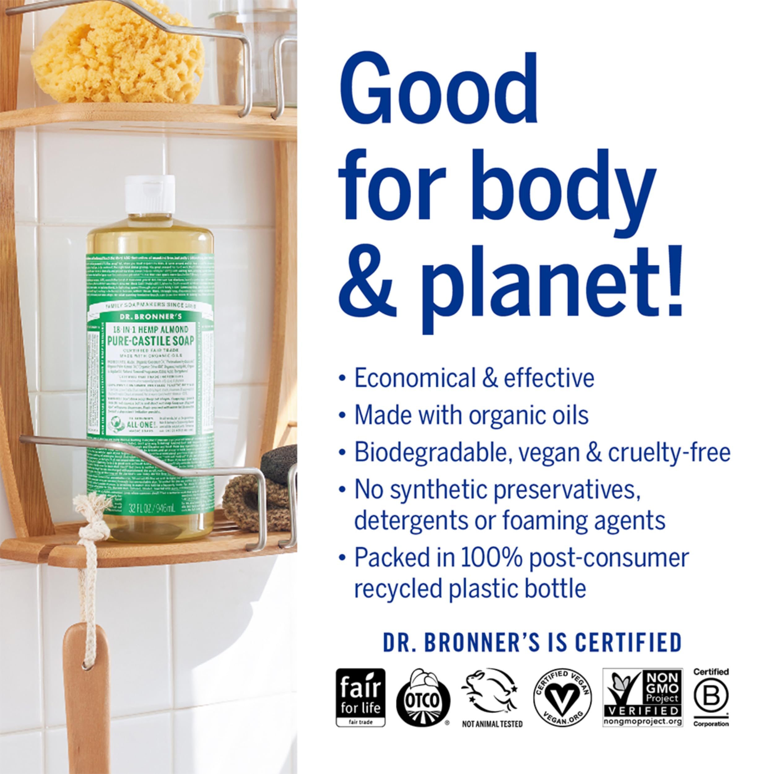 Dr. Bronner's - Pure-Castile Liquid Soap (Almond, 16 ounce) - Made with Organic Oils, 18-in-1 Uses: Face, Body, Hair, Laundry, Pets and Dishes, Concentrated, Vegan, Non-GMO