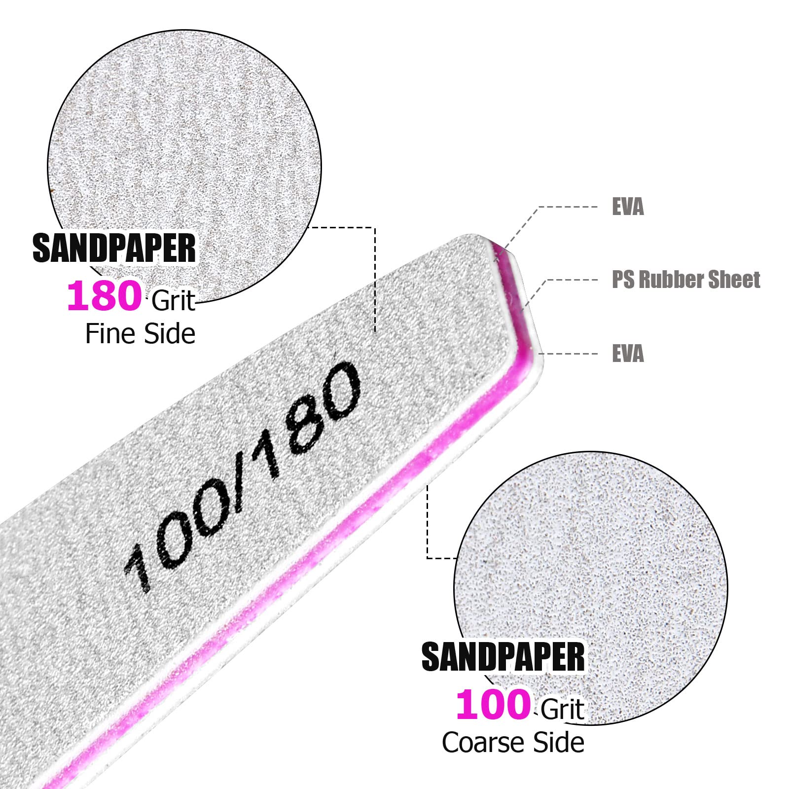 FANDAMEI 10 Pcs in 5 Shapes Professional Nail Files 100/180 Grit Double Sided Polishing Sanding for Manicure, Home and Salon