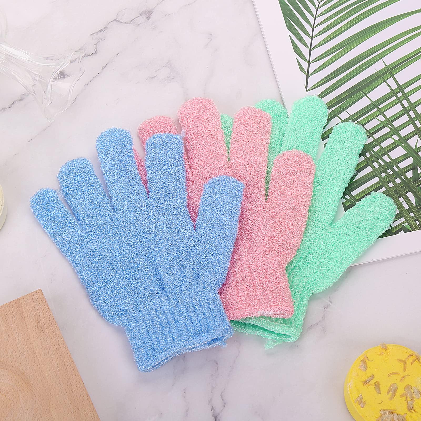 6Pcs Exfoliating Gloves - Bamboo Shower Gloves - Bath and Body Exfoliator Mitts - Scrubs Away Ingrown Hair and Dead Skin - for Shower, Spa, Massage and Dead Skin Cell Remover Loofah - Green,Blue,Pink