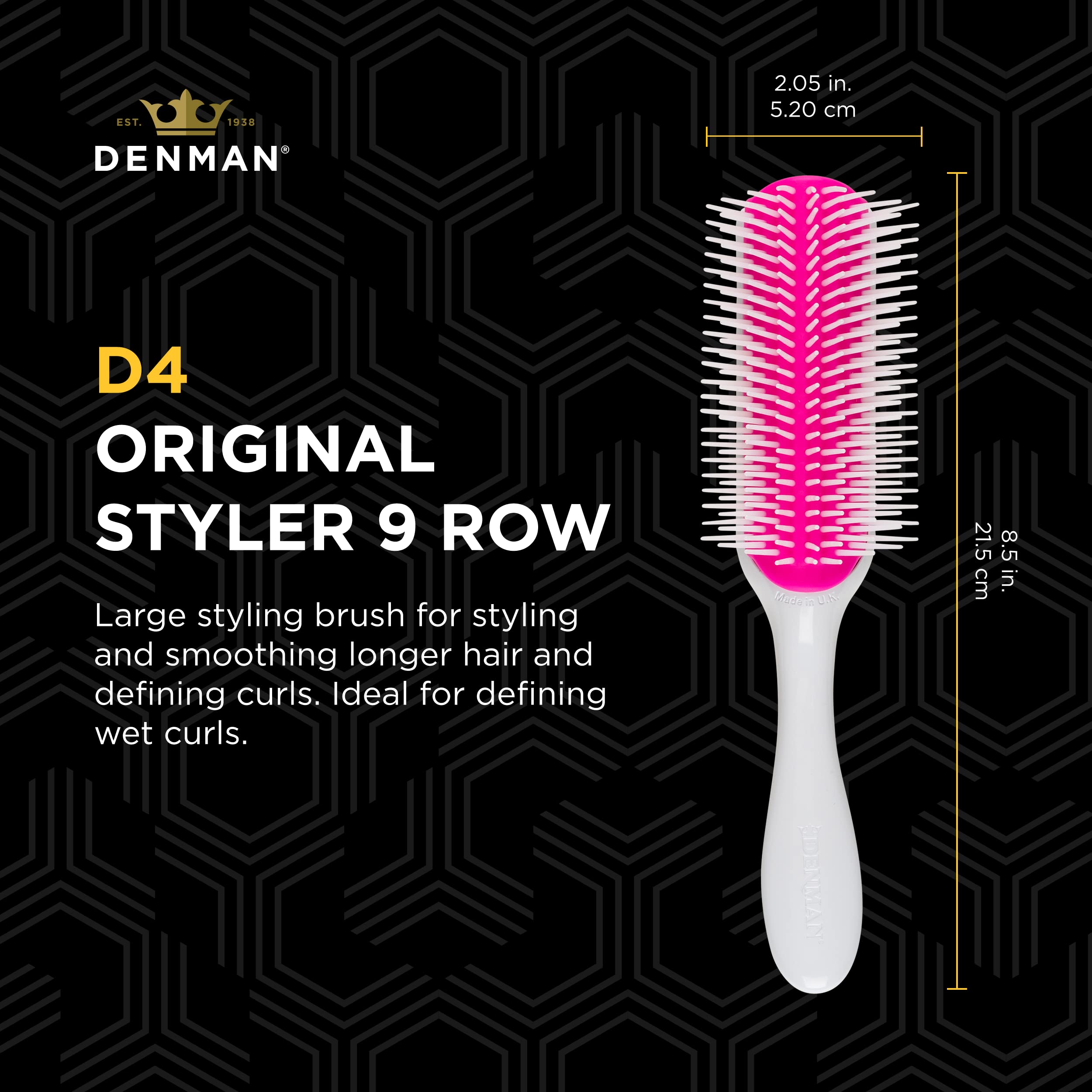 Denman Curly Hair Brush D4 (Cherry Blossom) 9 Row Styling Brush for Styling, Smoothing Longer Hair and Defining Curls - For Women and Men
