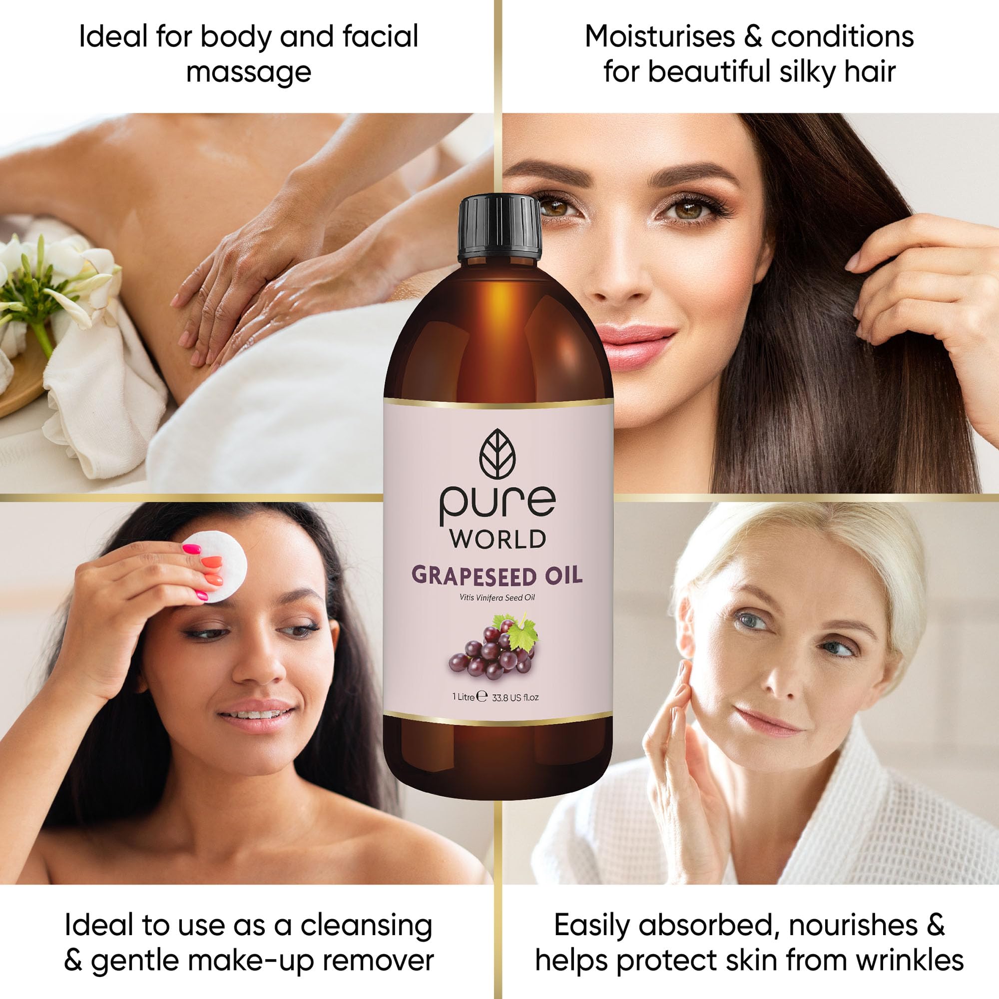 Pure World Natural Grapeseed Oil 100% Pure and Undiluted. 1 Litre Premium Italian Quality Grapeseed Oil
