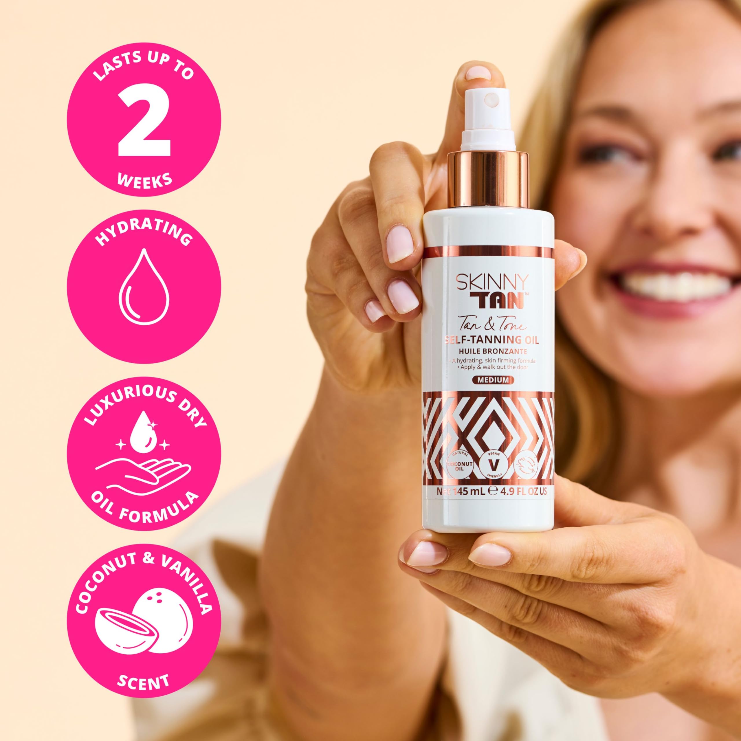 Skinny Tan Tan & Tone Self Tan Oil - Streak Free Natural Looking Fake Tan with Coconut Oil, Enriched with Guarana Extract to Tone & Firm Skin, Cruelty-Free & Vegan - Medium, 145ml