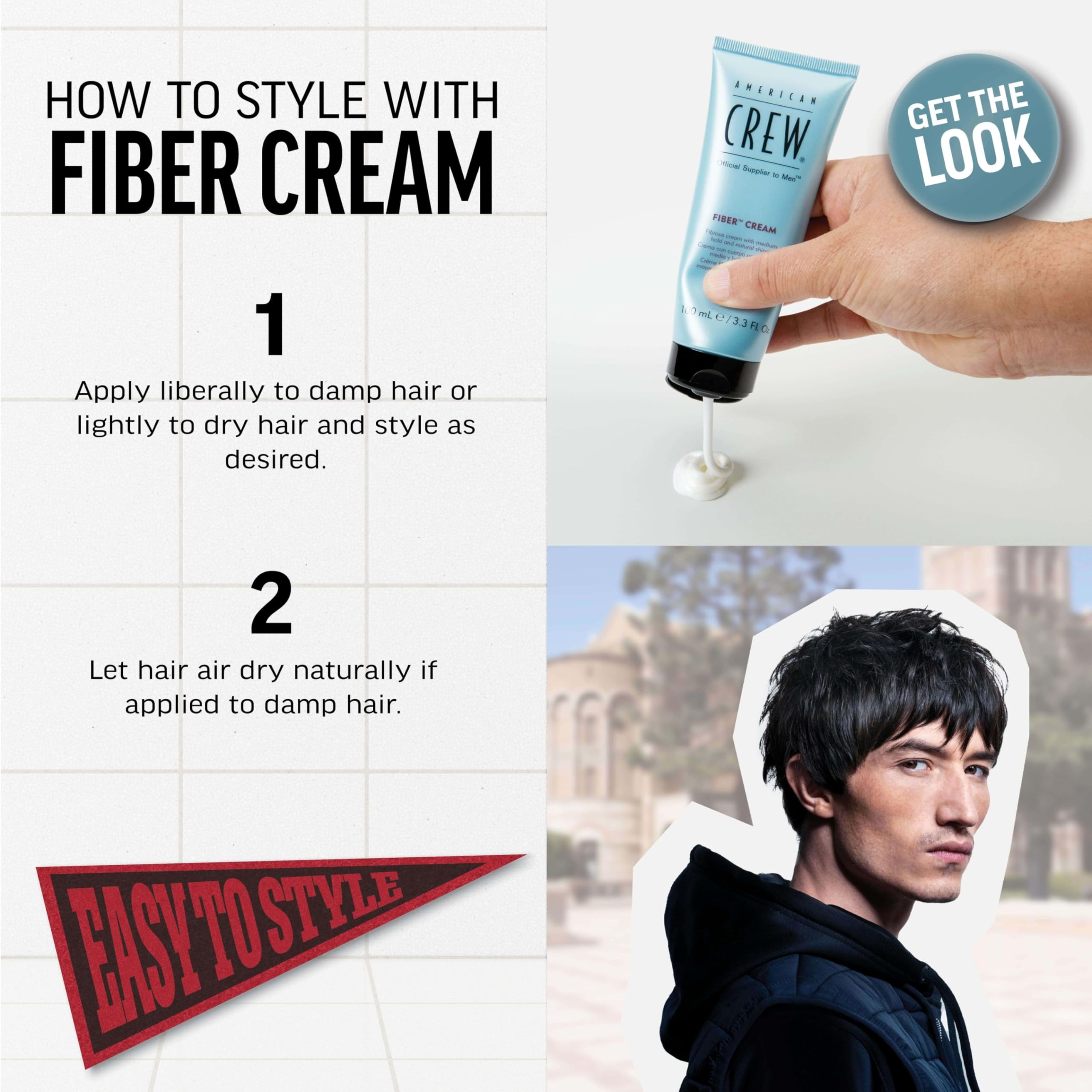 American Crew Men's Fiber Cream, Like Hair Gel with Medium Hold & Natural Shine, 3.3 Fl Oz