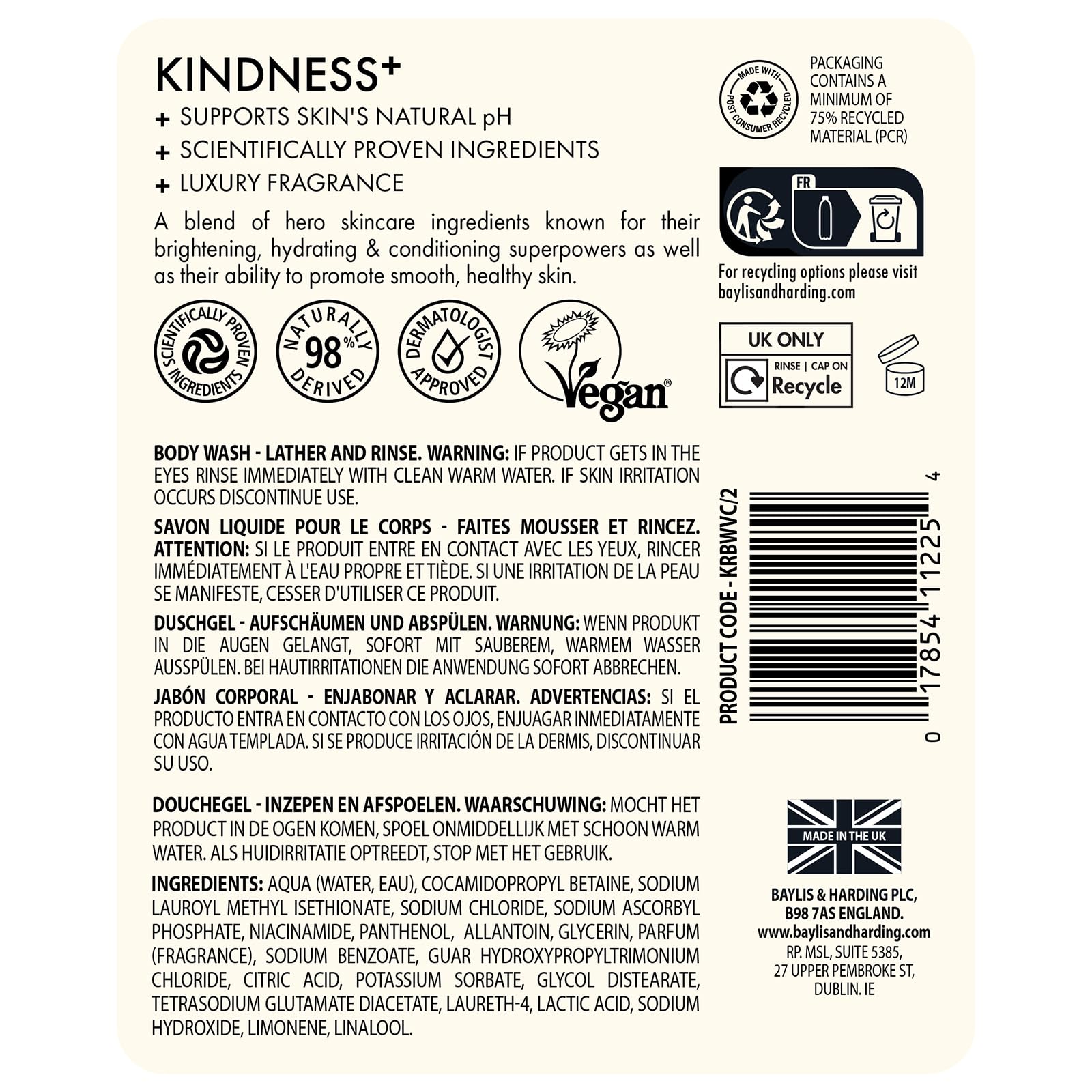 Baylis & Harding Kindness + Vitamin C & Niacinamide, Orange & Mango Fragrance, 500 ml Cleanse & Glow Body Wash (Pack of 3) - Vegan Friendly
