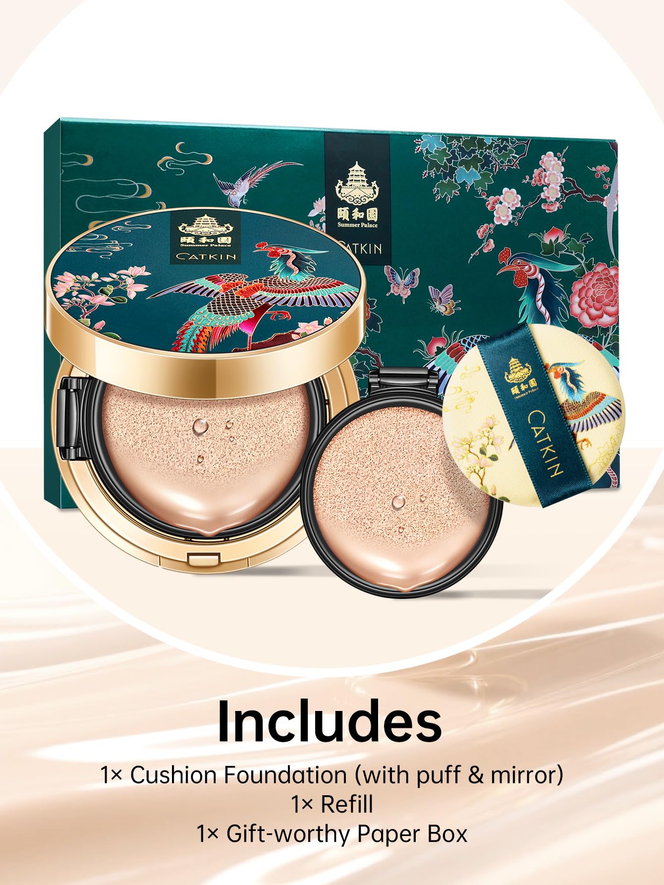 CATKIN SUMMER PALACE Foundation for Mature Skin, Full Coverage Foundation with Lightweight and Breathable Formula, Refillable Cushion, 13g*2