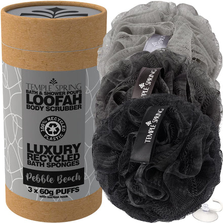 Temple Spring Loofah Shower Sponge, Recycled Body Scrubber Scrunchies, Exfoliating Bath Sponge, Shower Puff Bath Sponges for Adults, Loofah Back Scrubber Pouffe, Loofa Body Scrub Exfoliator - Grey