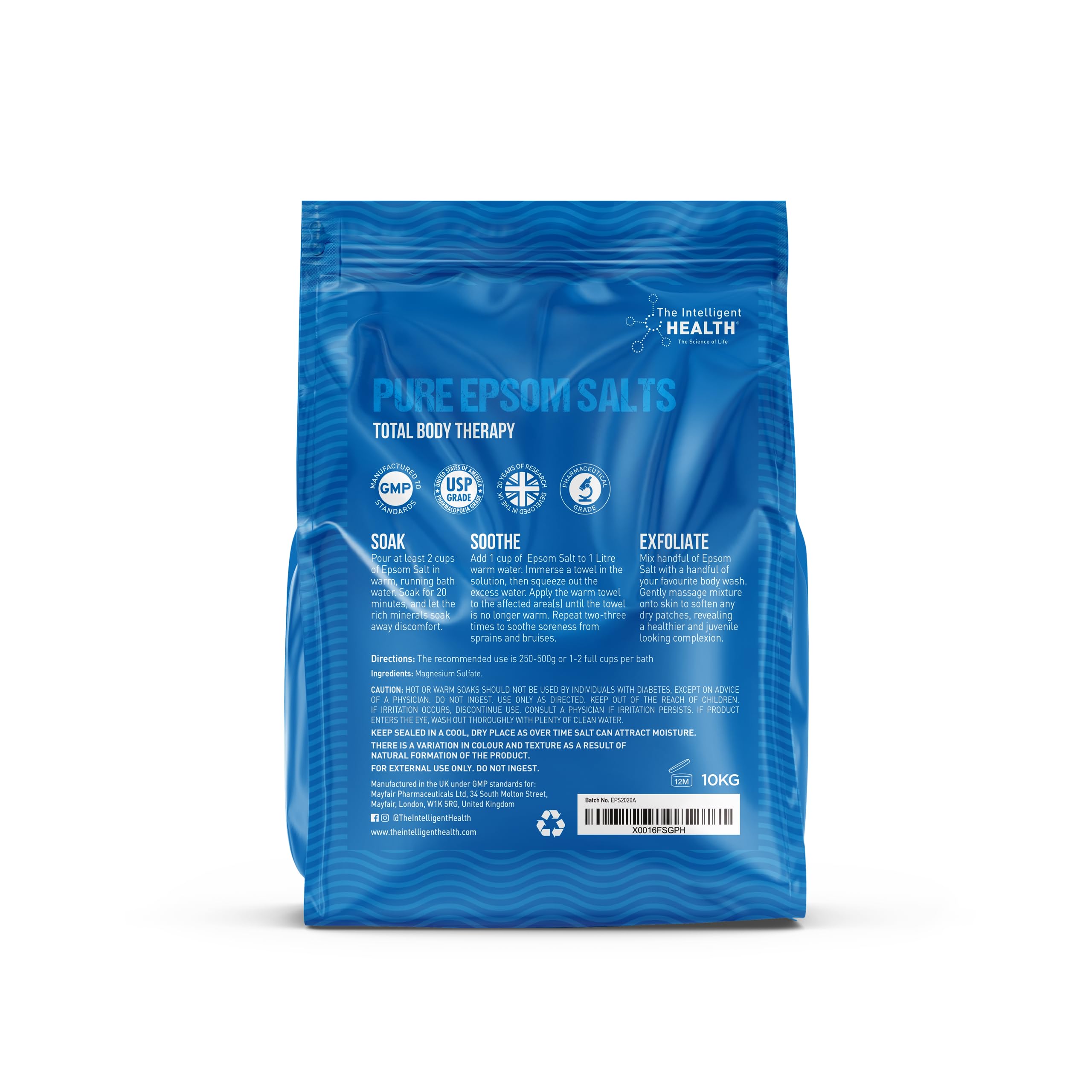 Intelligent Health Pure Epsom Salts 10kg, Total Body Therapy, 100% Pure Premium Quality Magnesium Sulphate Traditional Bath Soak, Fine 1.4mm Easily Dissolvable Grain Size, Vegan Friendly