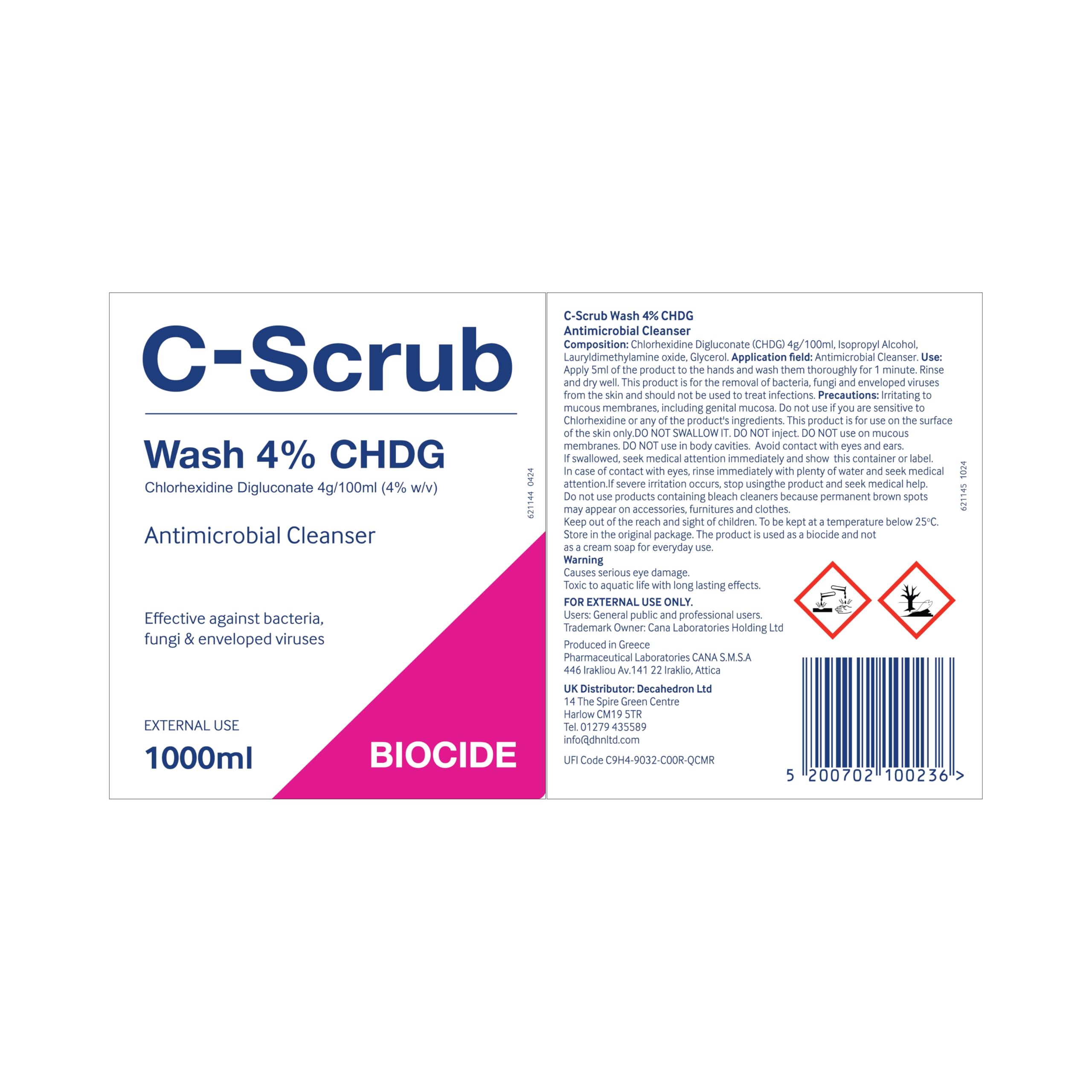 C-Scrub Wash Chlorhexidine 4% w/v | 1000ml | Anti-Microbial Hand, Skin Cleanser | Pump Dispenser | Antibacterial Wash