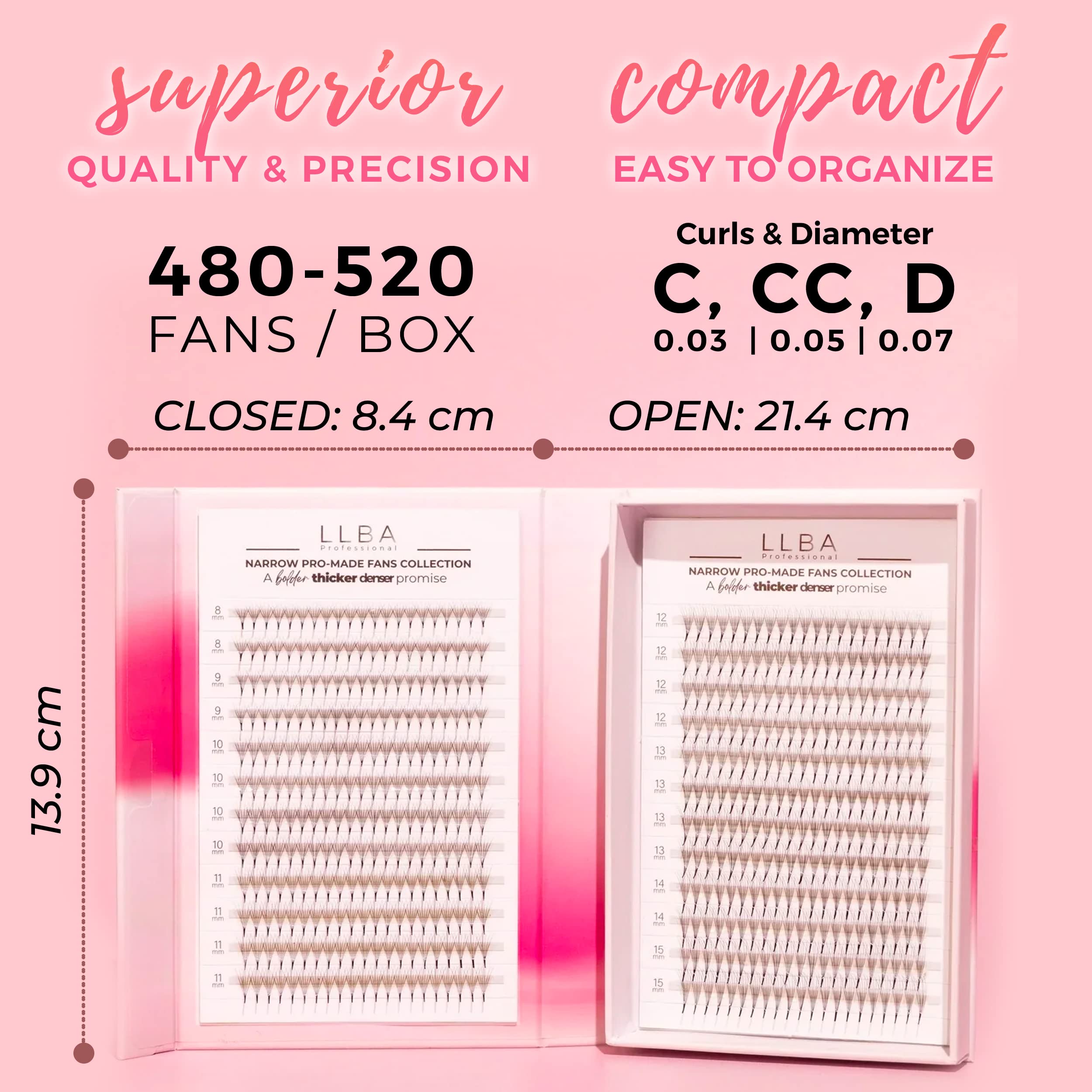 LLBA LashFolio Narrow Promade Fans | Handmade Volume Eyelashes | Multi Selections 5D~10D | C CC D Curl | Thickness 0.03~0.07mm | 8-15mm Length | Long Lasting & Easy Application (5D-0.07 D 8mm-15mm)