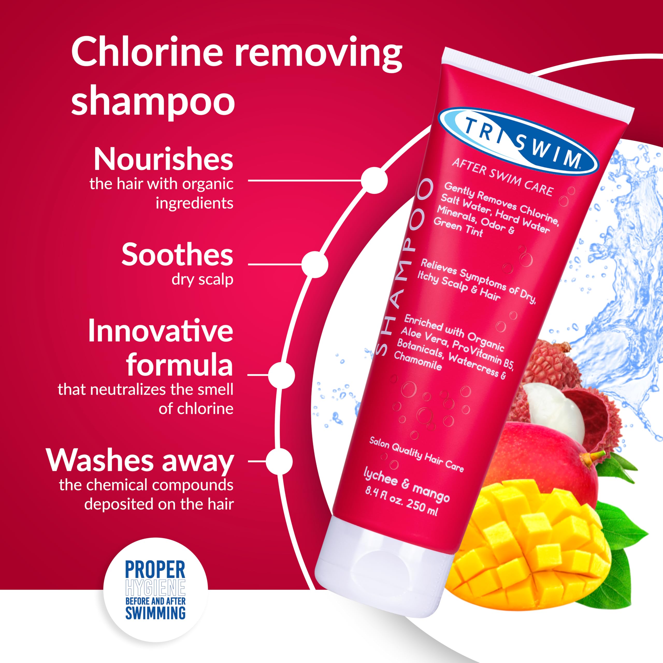 TRISWIM Chlorine Removal Shampoo | After Swim Care | Moisturising Anti-Chlorine Vegan Shampoo For Swimmers | Removes Green Tint | Lychee & Mango (250ml)