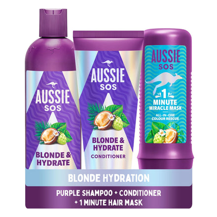 Aussie Blonde Hydration Vegan Purple Shampoo, Conditioner And 3 Minute Miracle Hair Mask Set, Silver Toner, Neutralises Yellow & Brassy Tones for Hydrated Hair.